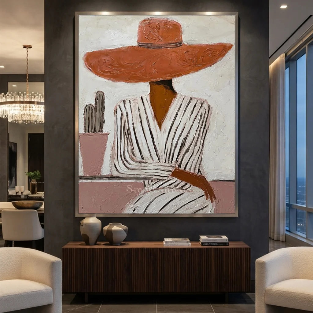 100% handmade modernism portrait oil painting featuring an elegant woman in a wide-brimmed hat, displayed elegantly above a wooden credenza in a luxury living room by Savy Canvas.