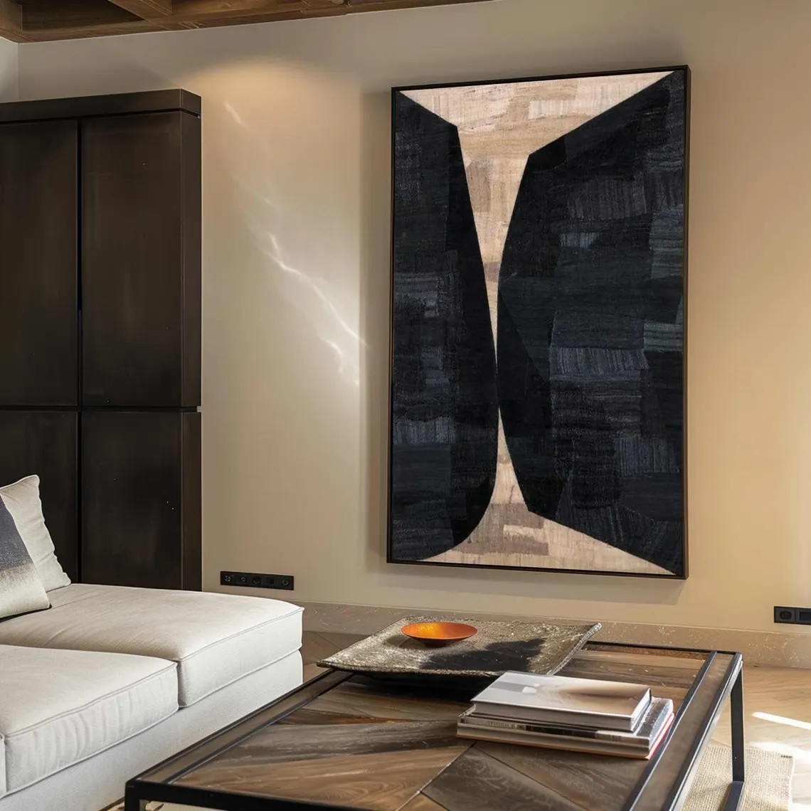 Large Vertical Modern Geometric Art - Black & Beige Contrast  #TC 049
