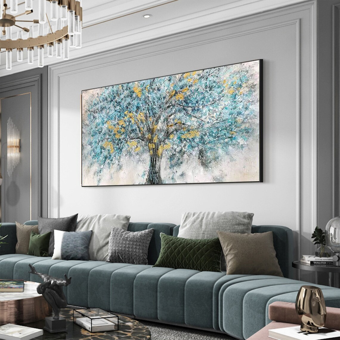 Abstract Tree Oil Painting with Blue & Gold Textured Leaves #JJ 038