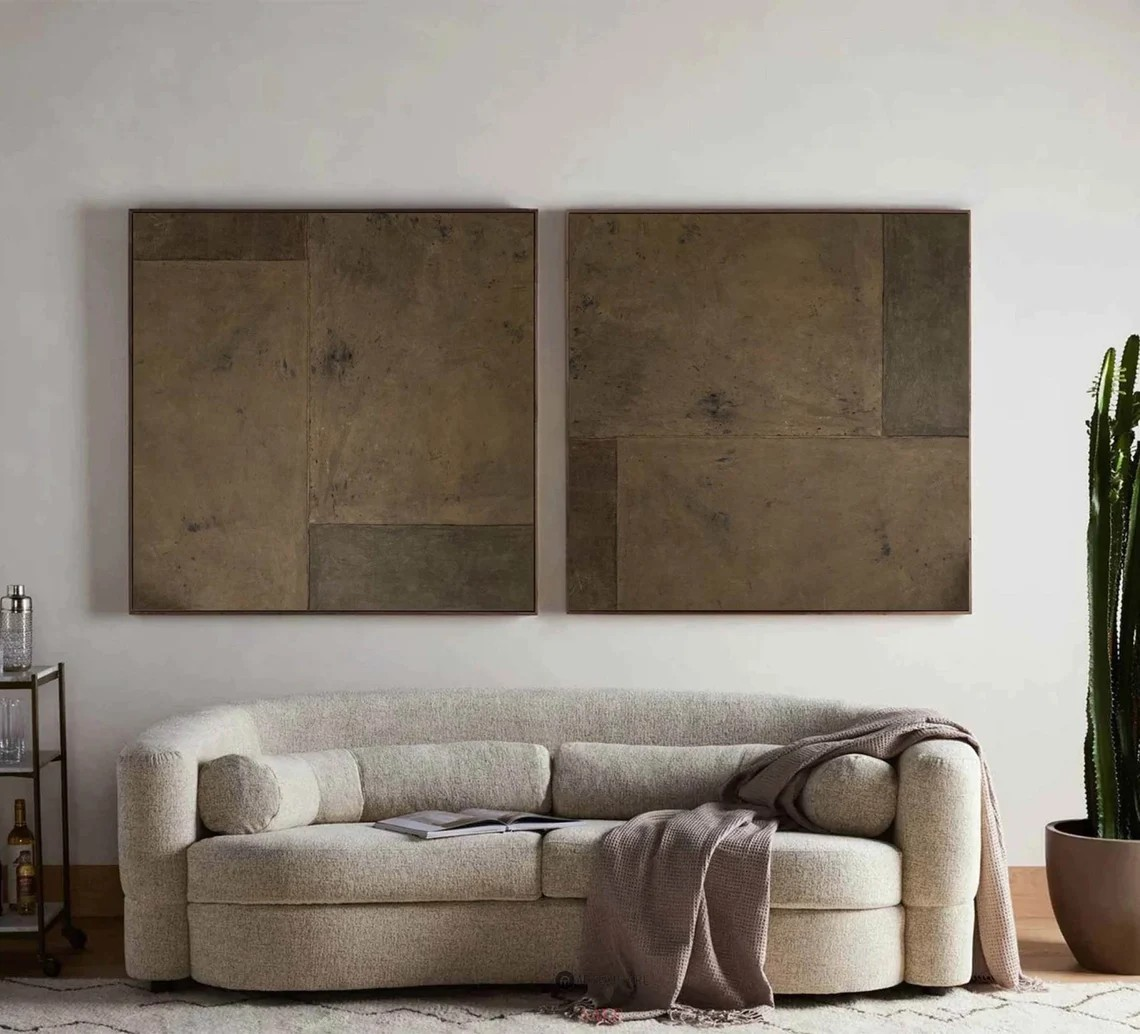 Geometric Abstraction Wall Art Set - Textured Brown Painting | #TC 046