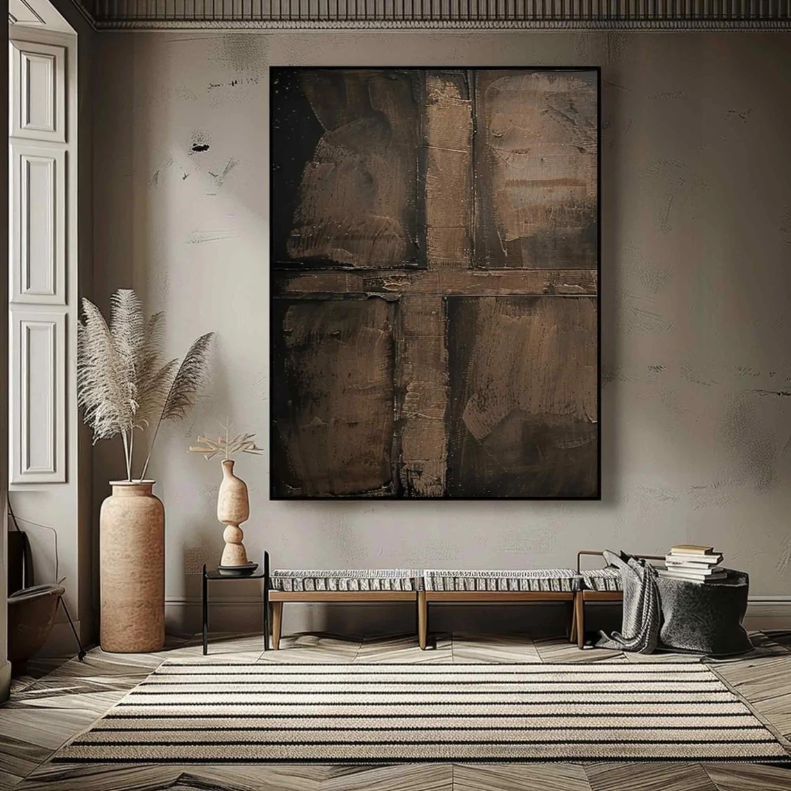 Earth Tone Textured Abstract Oil Painting | Modern Minimalist Cross Texture Artwork  #TC 025