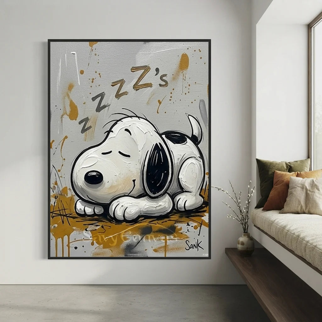 Hand-painted pop art Snoopy oil painting showing a cute sleeping dog with ZZZs for modern bedroom and kids room wall decor.