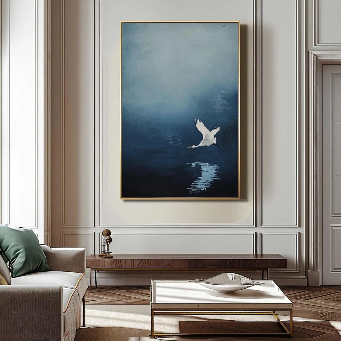 Handmade Blue Abstract Oil Painting with Crane Modern Decor  #TC 030