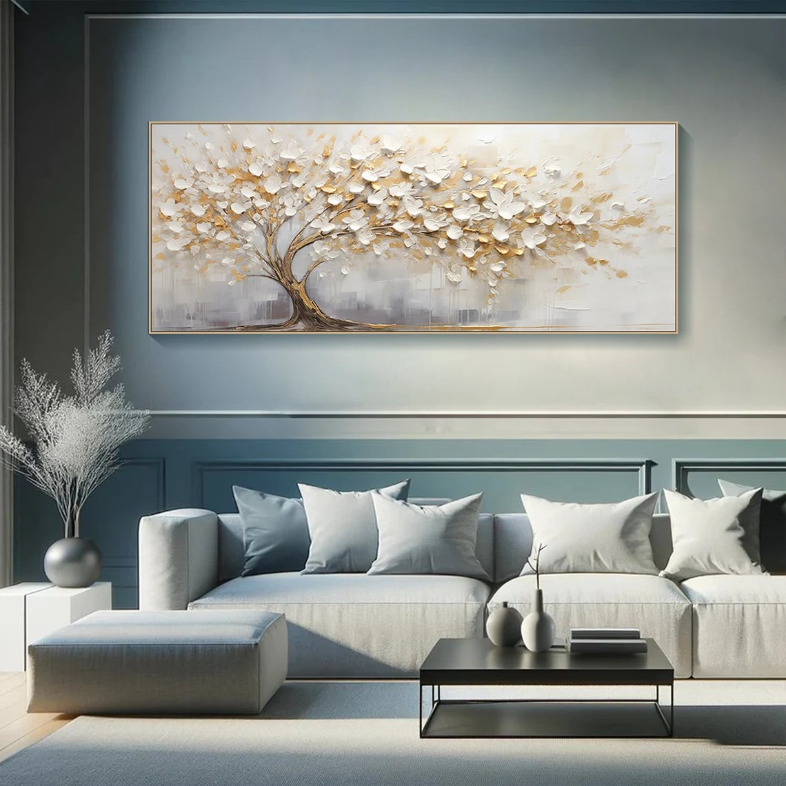 3D Blossom Tree Painting, Handmade White Gold Canvas Artwork  #TC 069