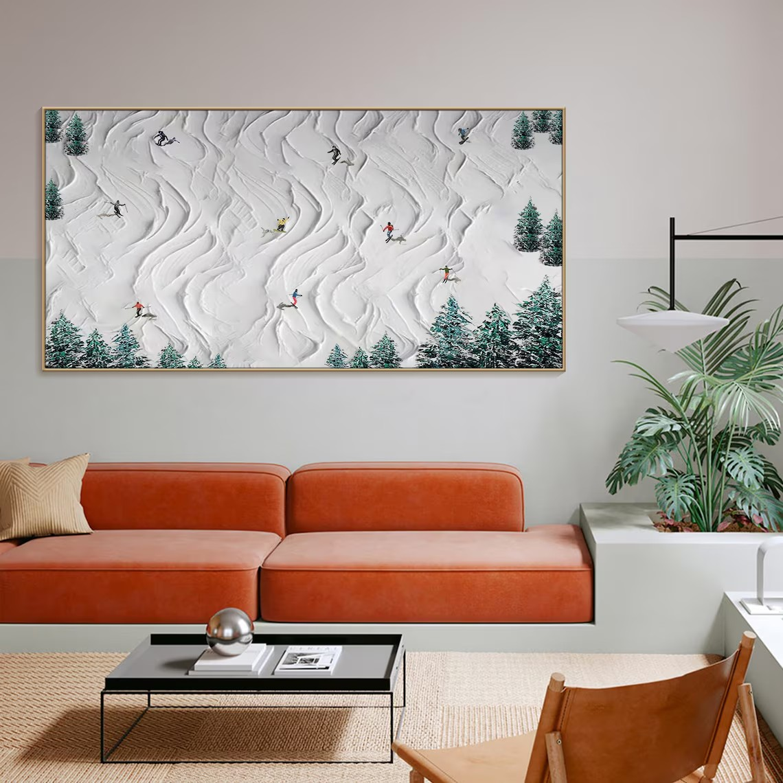 Textured Skiing Art Painting- Handmade Winter Sport  Scene #TC 096