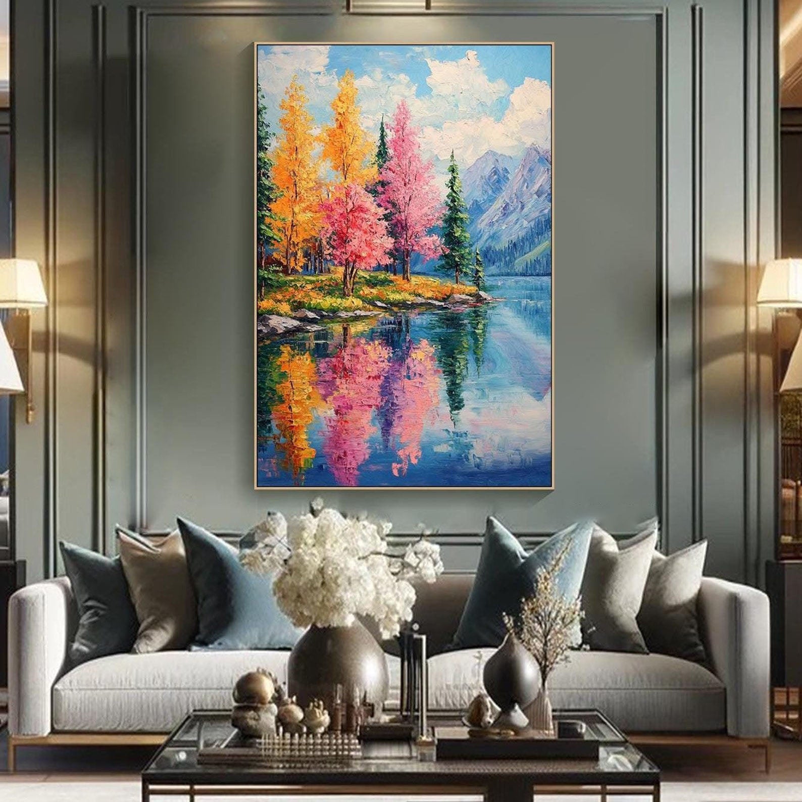 Autumn Lake Oil Painting - Colorful Forest Reflection Art #TC 008