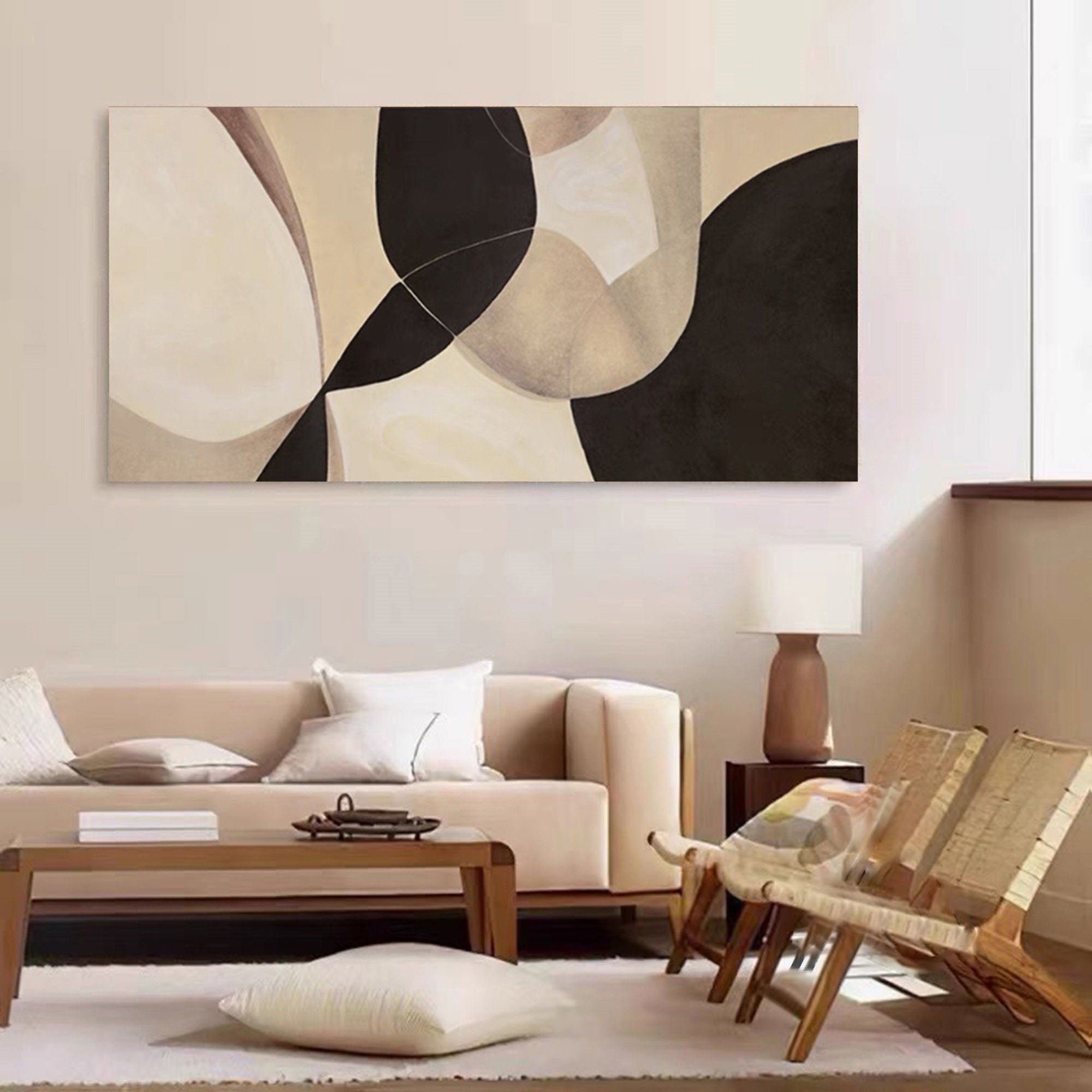 Modern Abstract Geometric Art - Beige and Black Painting  #TB 006