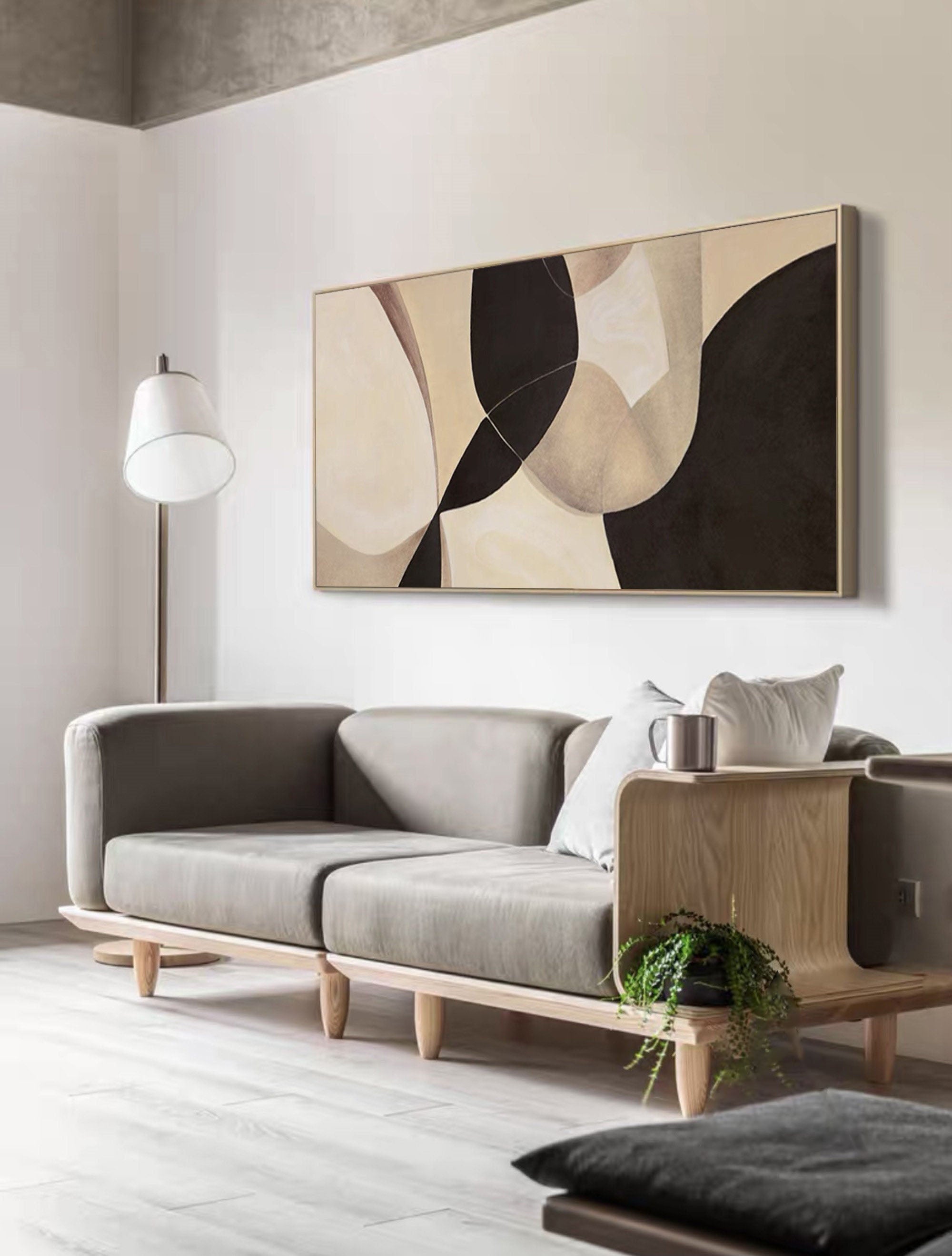 Modern Abstract Geometric Art - Beige and Black Painting  #TB 006