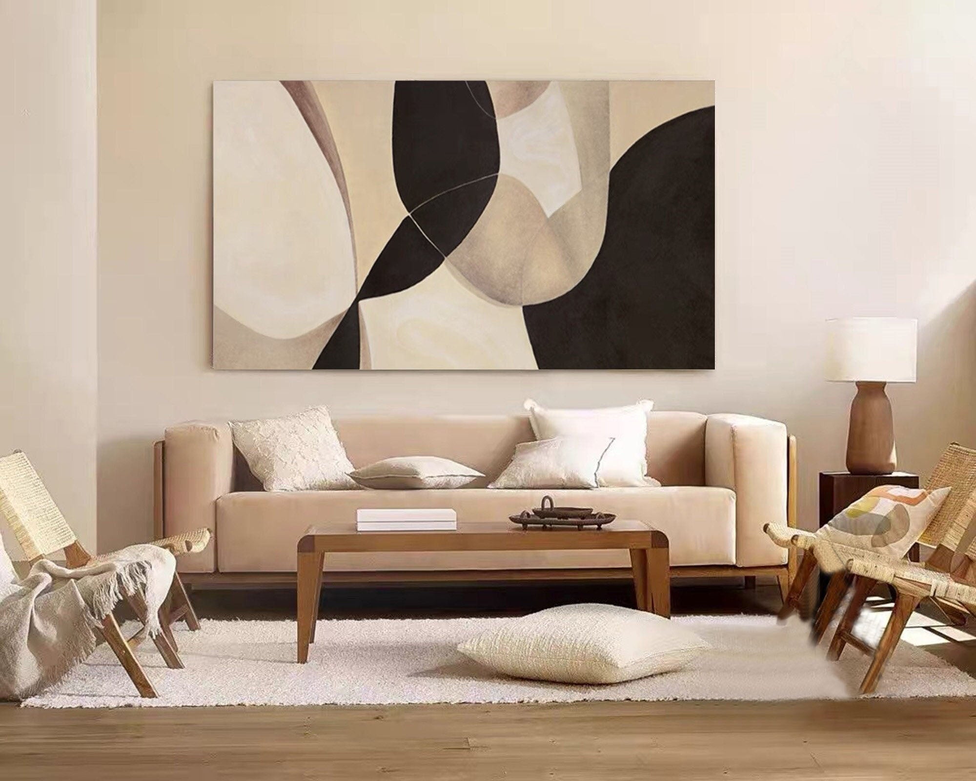 Modern Abstract Geometric Art - Beige and Black Painting  #TB 006