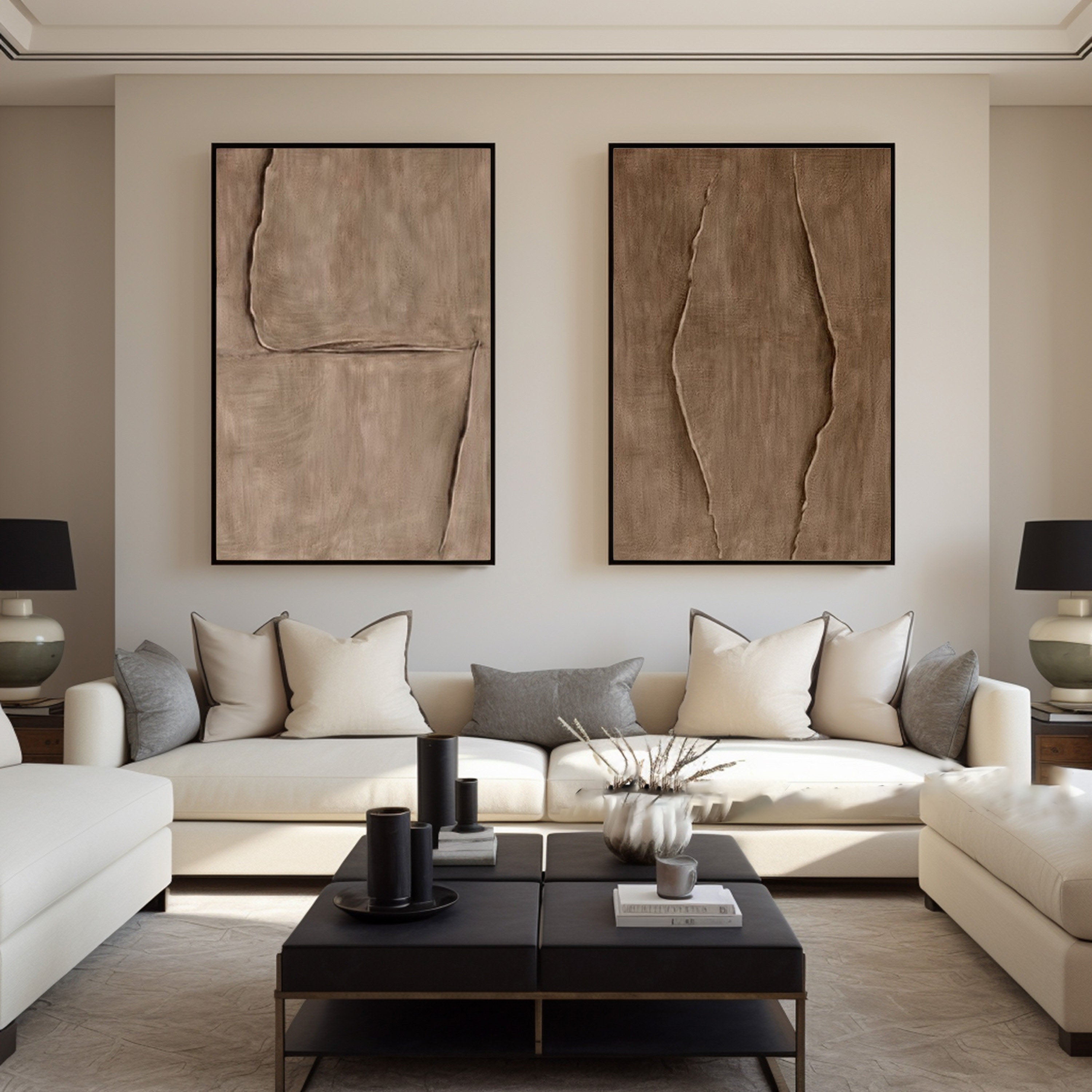 Modern 3D Texture Abstract Art, Beige Wabi-Sabi Decor Diptych #TB 039