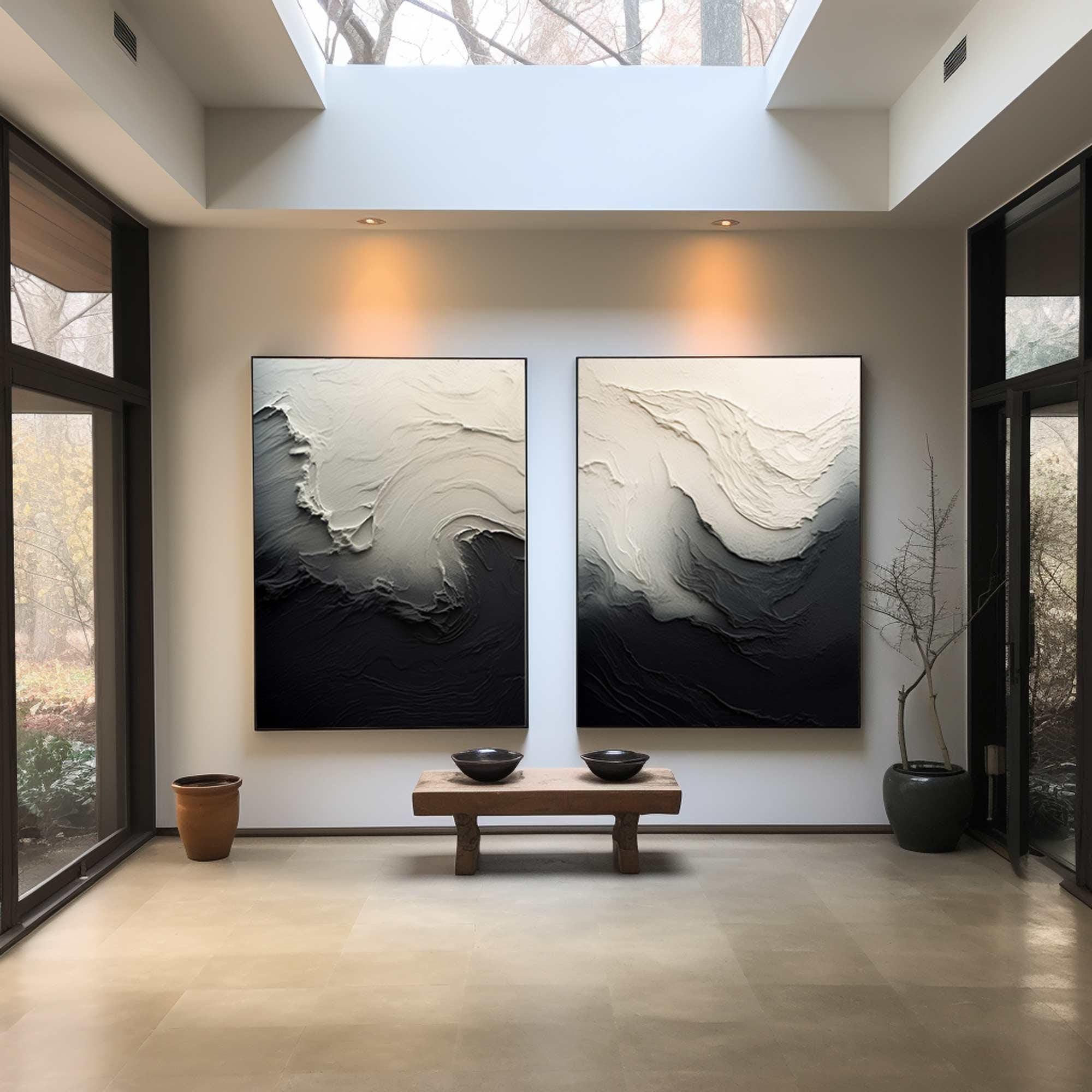Black & White 3D Texture Abstract Art, Modern Pair #TB 032