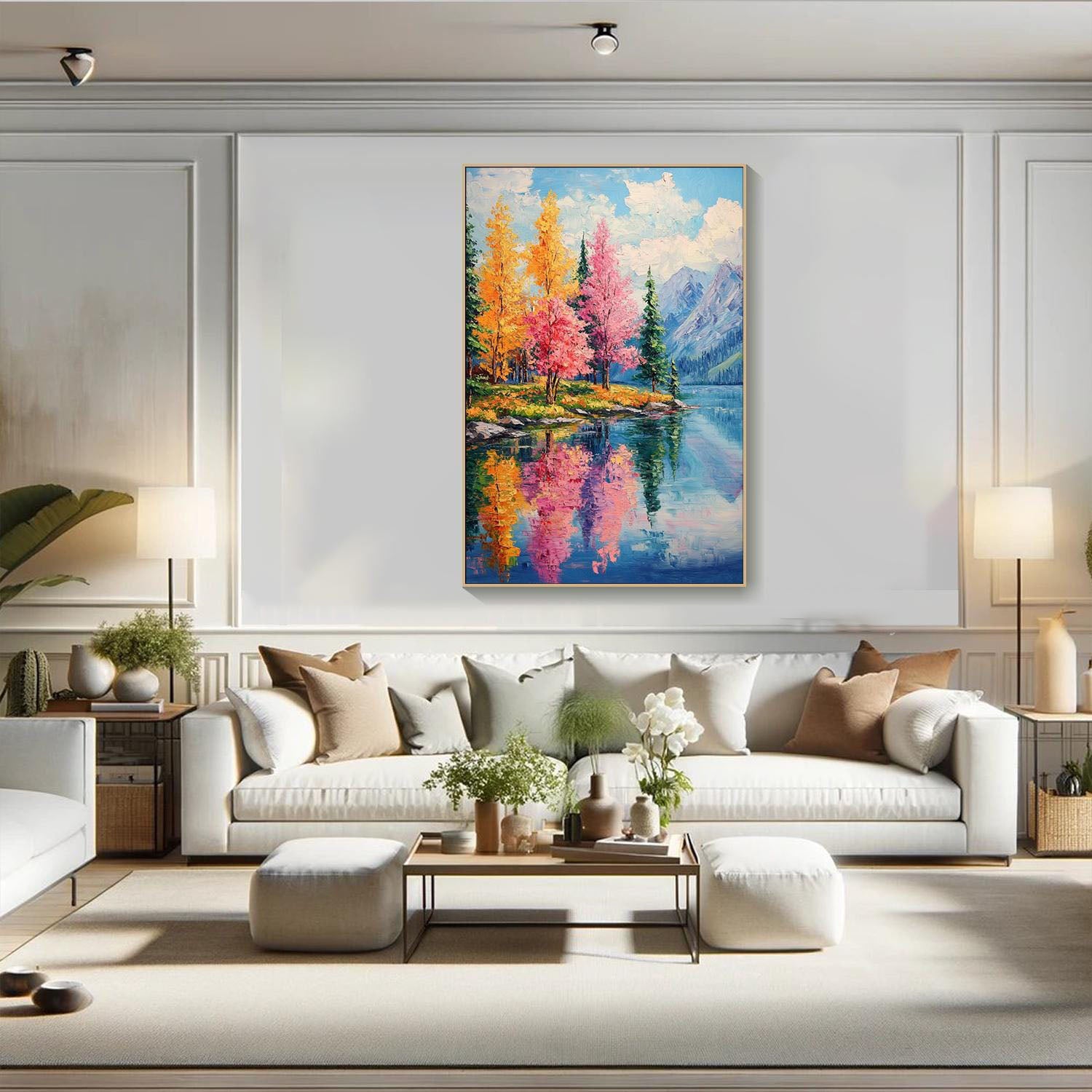 Autumn Lake Oil Painting - Colorful Forest Reflection Art #TC 008