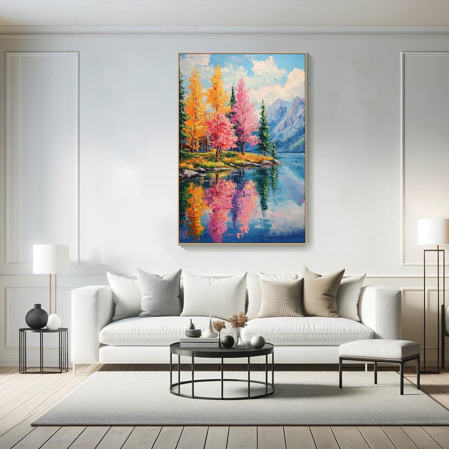 Vibrant Fall Forest Lake Painting - Natural Landscape Art