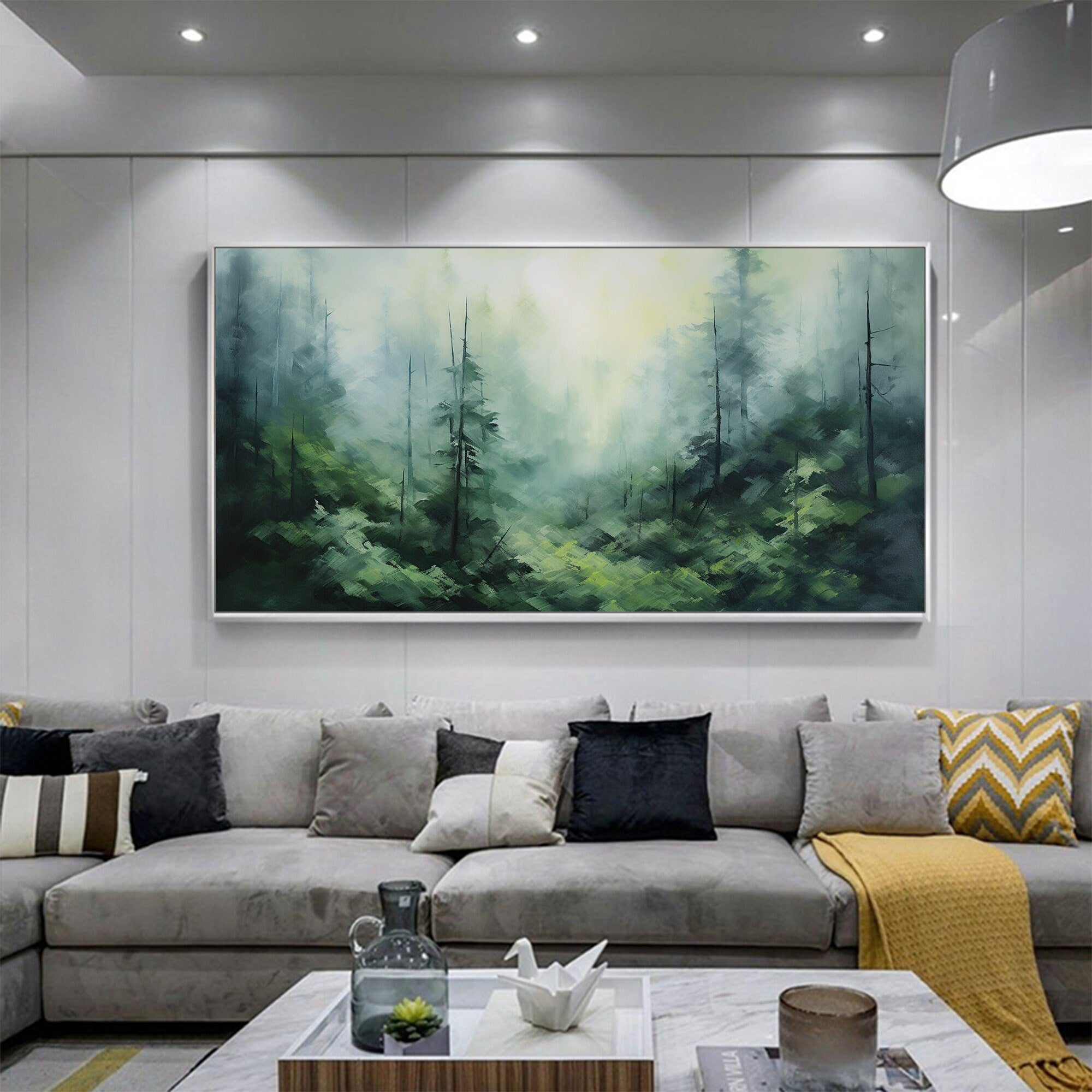 Misty Forest Landscape Wall Art | Large Horizontal Green Canvas Painting #ZZ 097