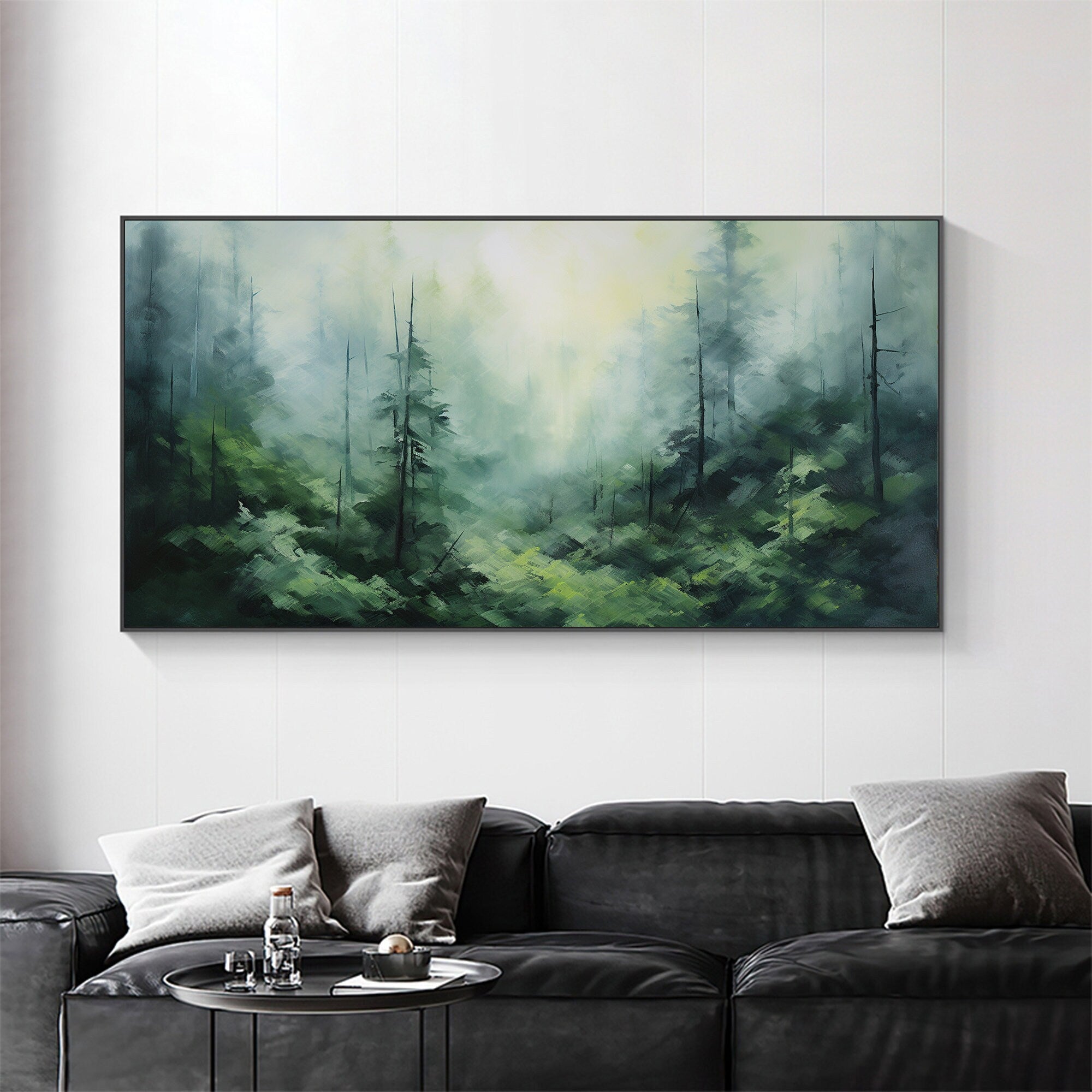 Misty Forest Landscape Wall Art | Large Horizontal Green Canvas Painting #ZZ 097