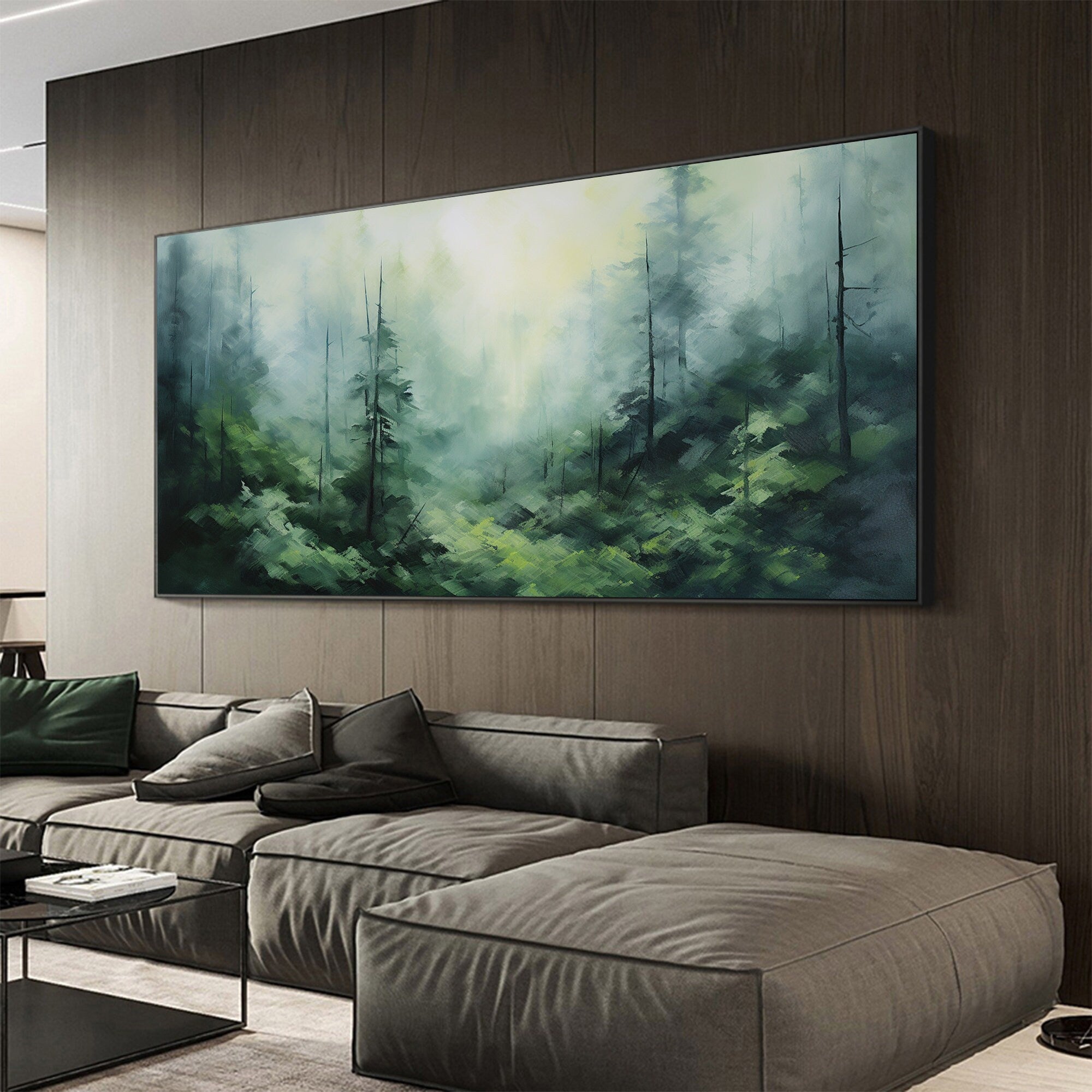 Misty Forest Landscape Wall Art | Large Horizontal Green Canvas Painting #ZZ 097