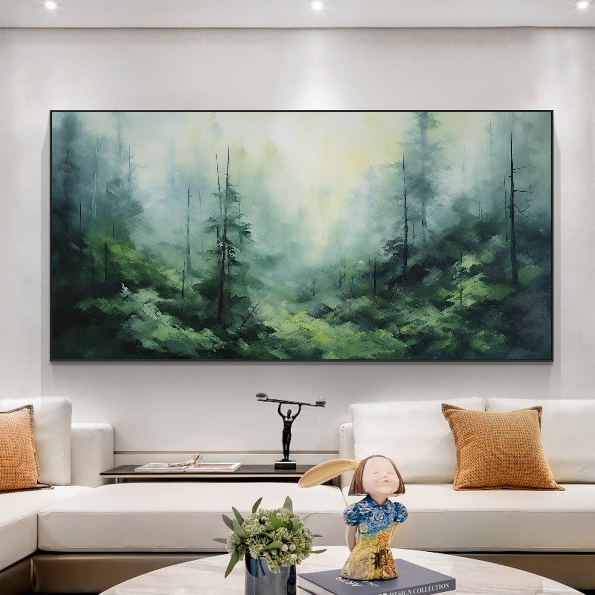 Misty Forest Landscape Wall Art | Large Horizontal Green Canvas Painting #ZZ 097
