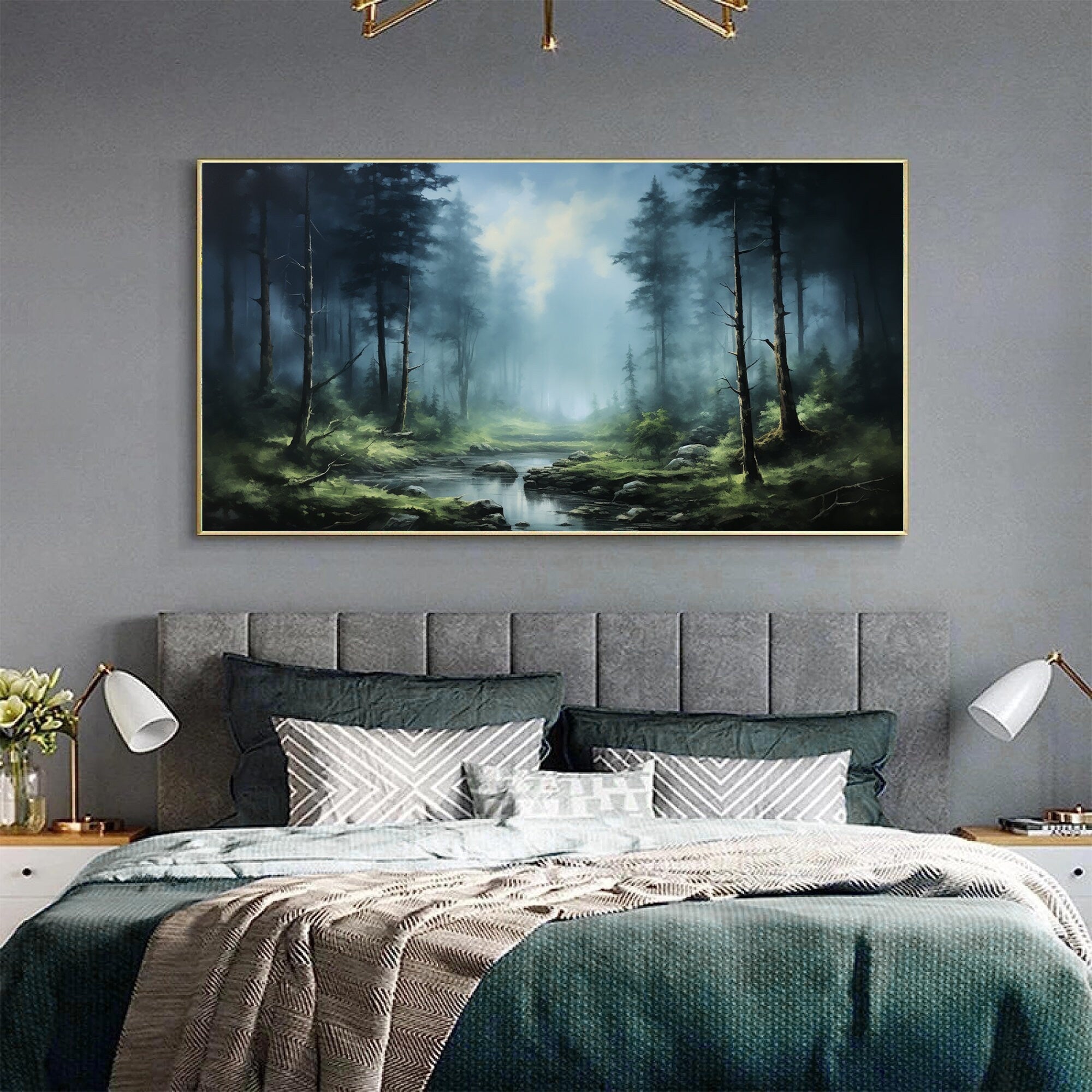 Misty Forest Landscape Wall Art | Large Horizontal Canvas Painting #ZZ 093