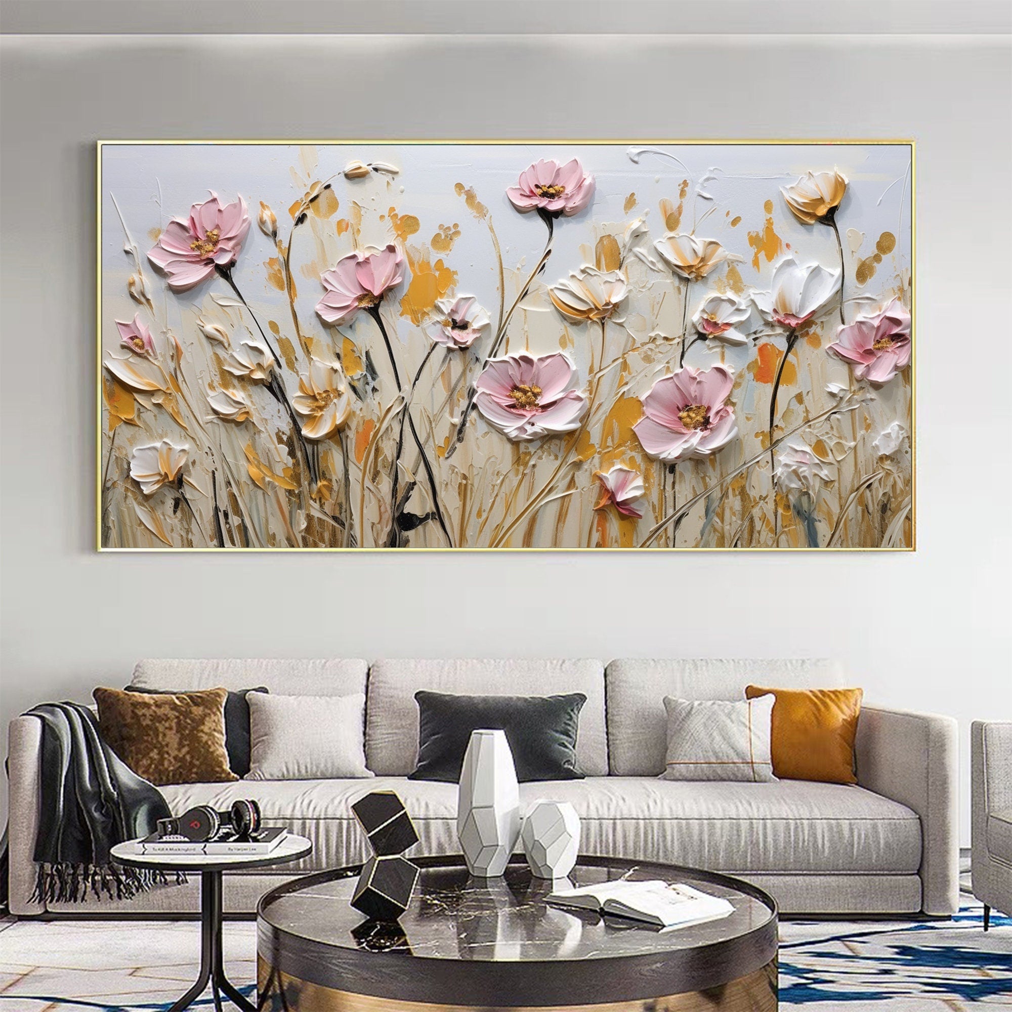 Textured Floral Wall Art | Large Pink White Flowers Canvas Painting #Z