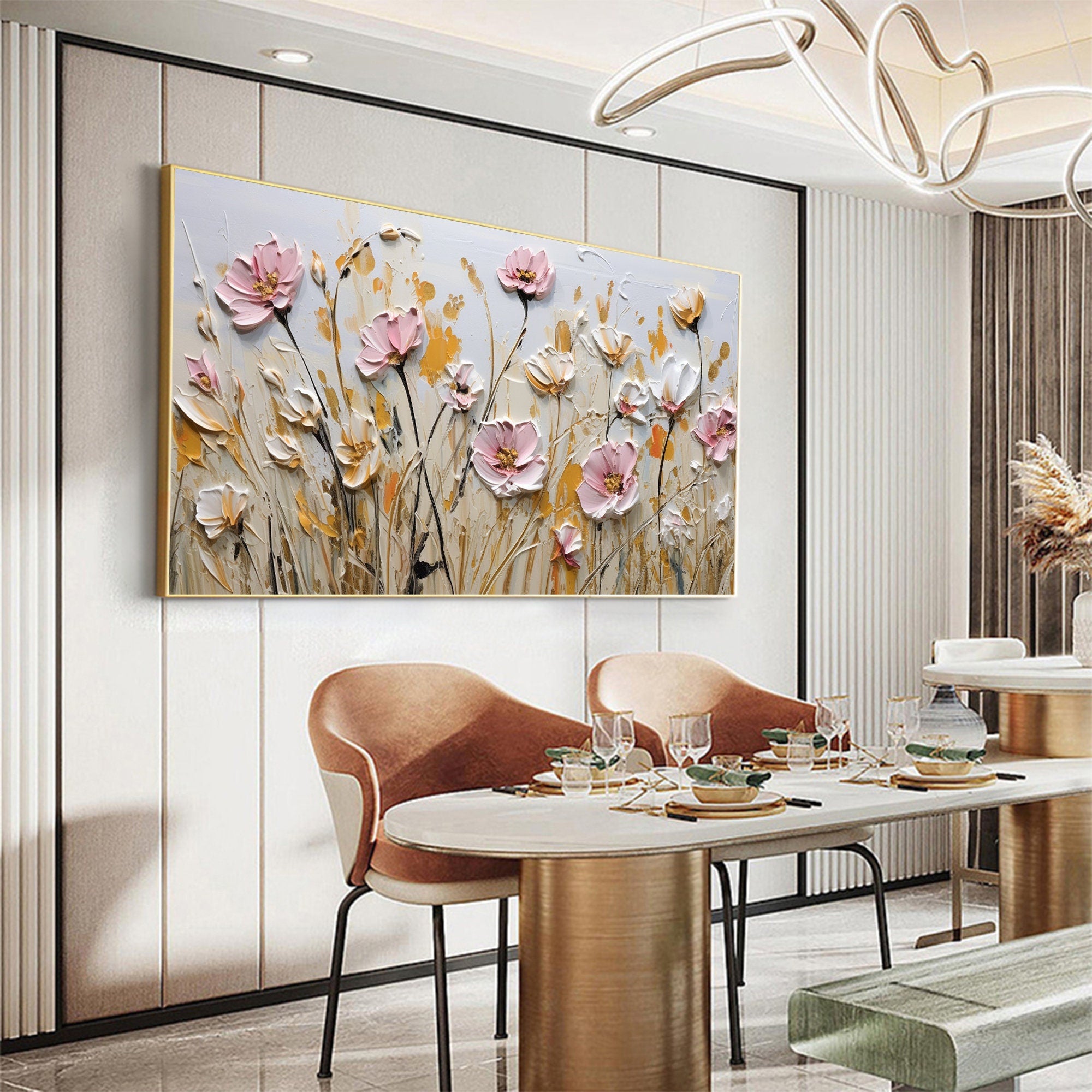 Textured Floral Wall Art | Large Pink White Flowers Canvas Painting #Z