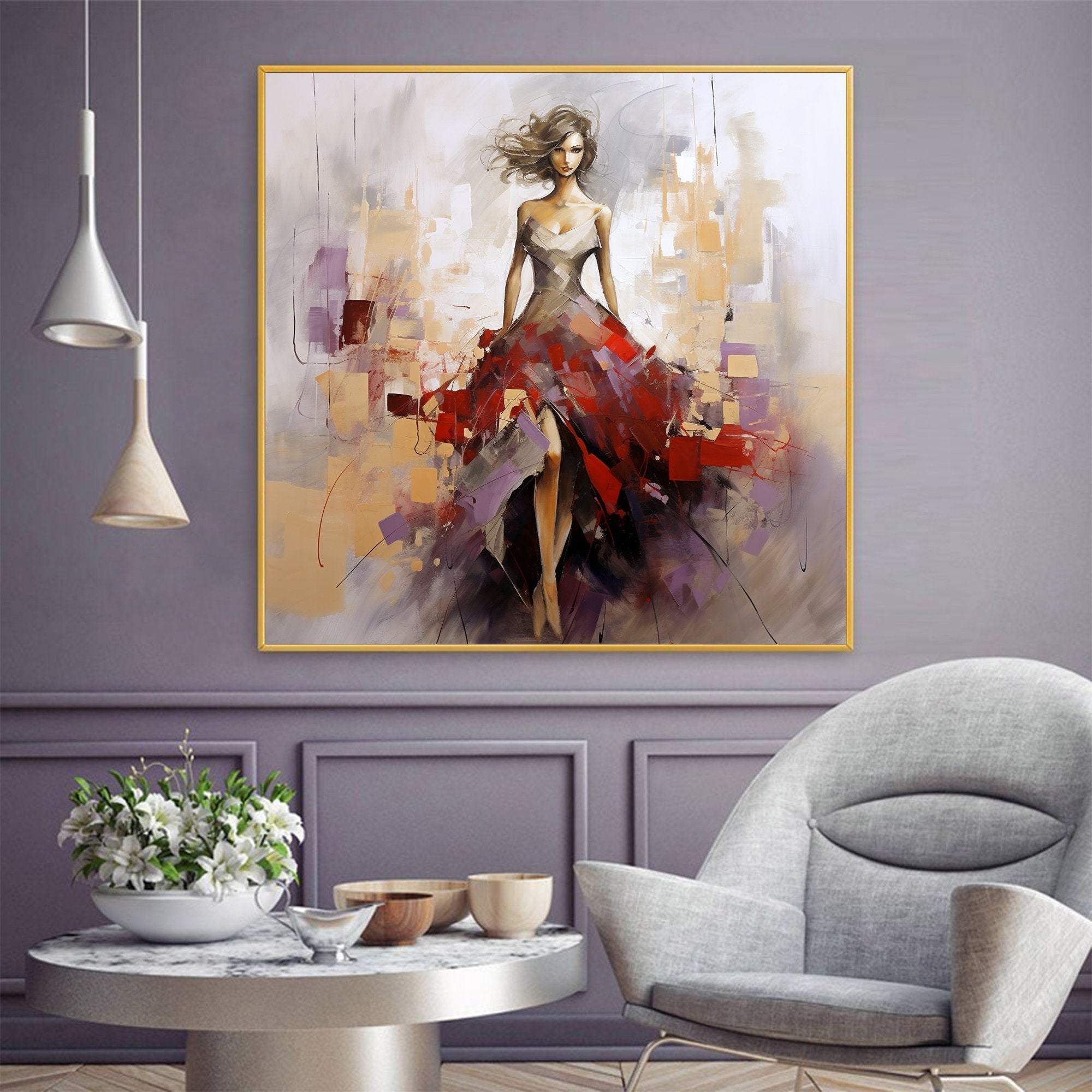 Large Contemporary Wall Art | Square Abstract Fashion Painting Decor #