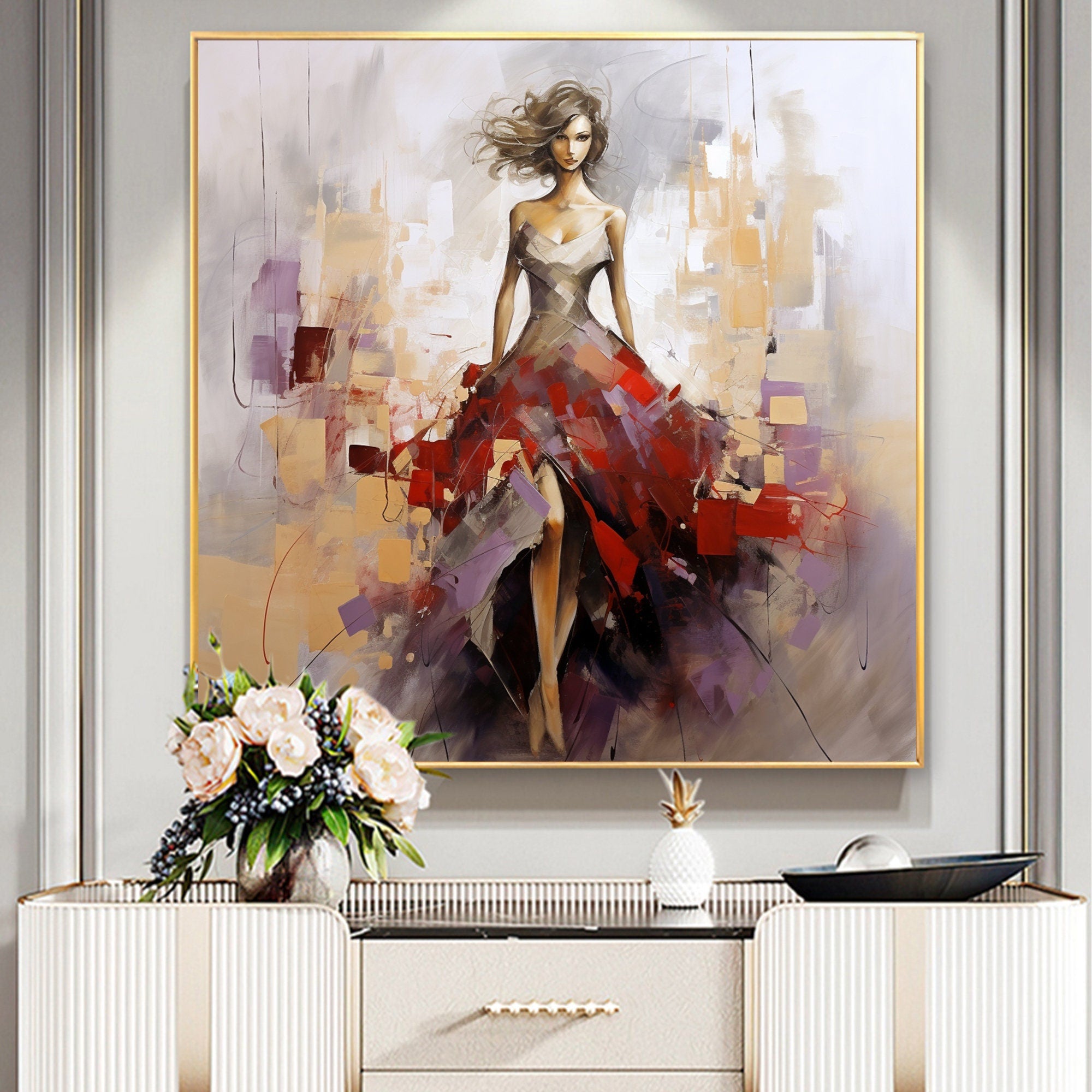 Large Contemporary Wall Art | Square Abstract Fashion Painting Decor #