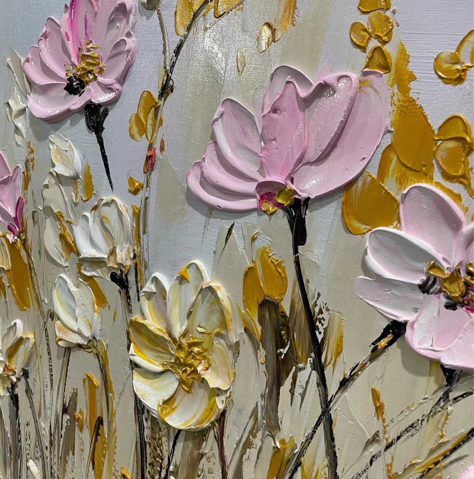 Textured Floral Wall Art | Large Pink White Flowers Canvas Painting #Z