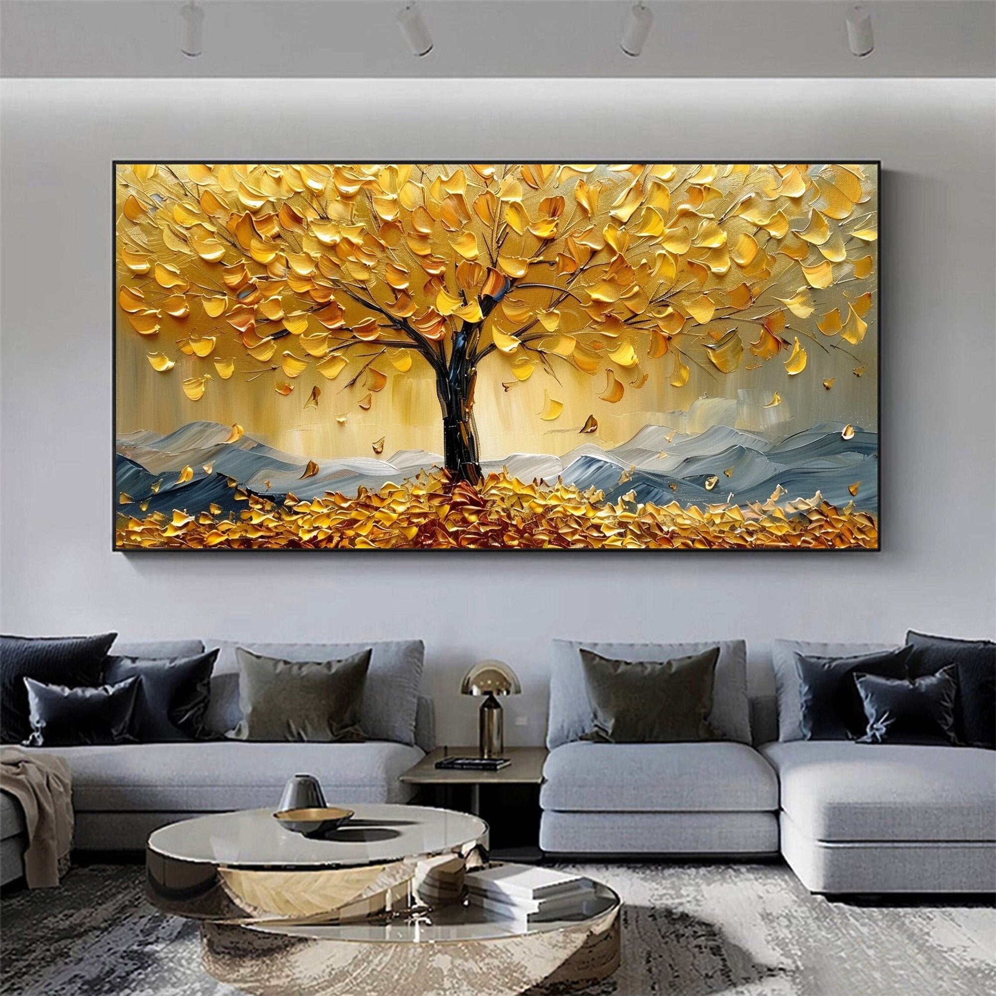 Golden Tree Wall Art | Large Textured Landscape Painting Canvas #ZZ 17
