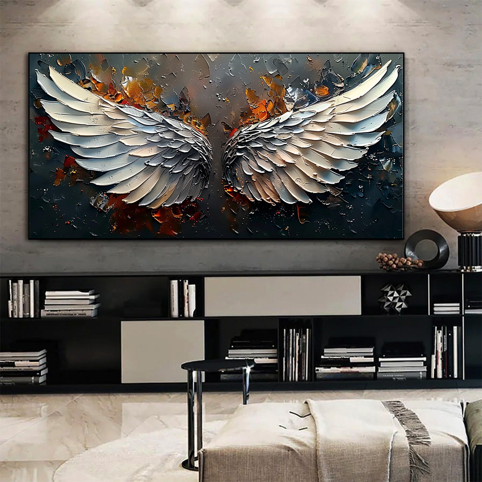 Oversized Angel Wings Artwork | Textured Painting Dark Metallic #ZZ 17