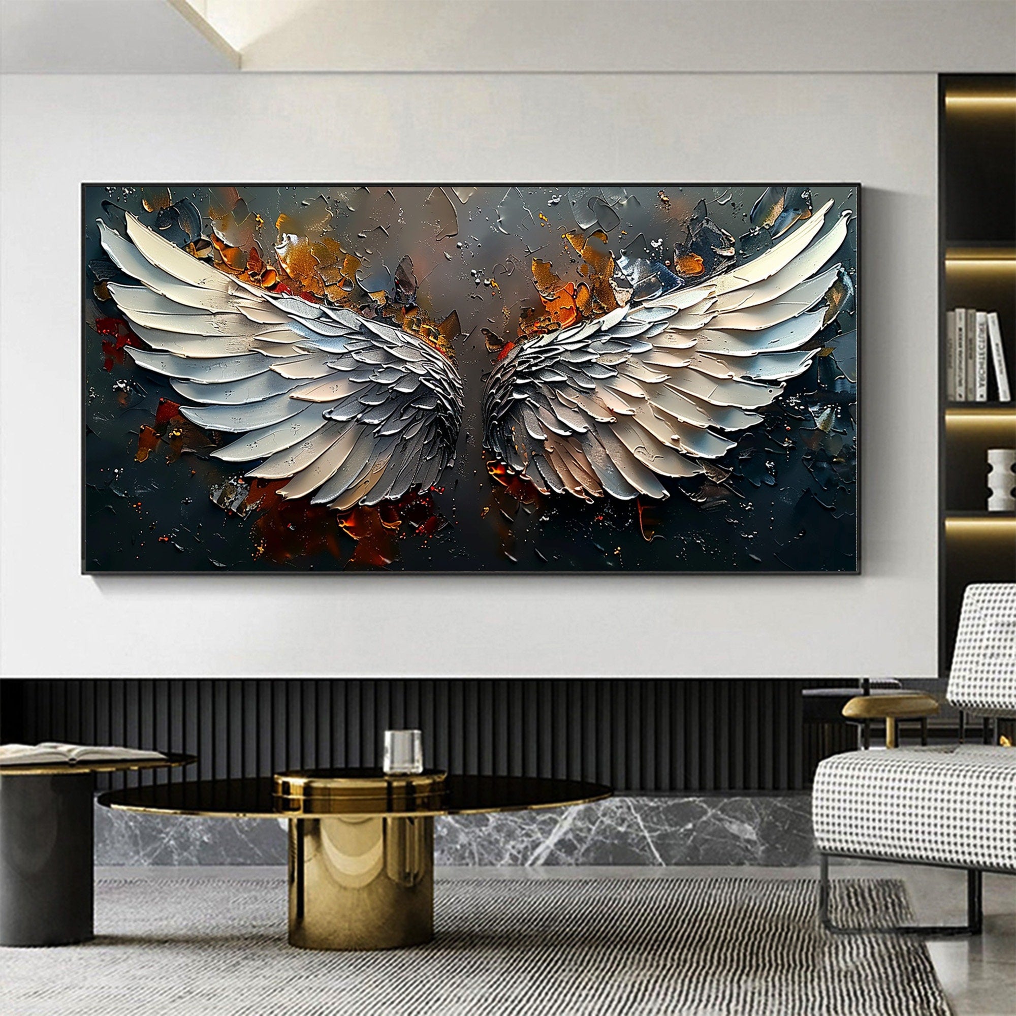 Oversized Angel Wings Artwork | Textured Painting Dark Metallic #ZZ 17