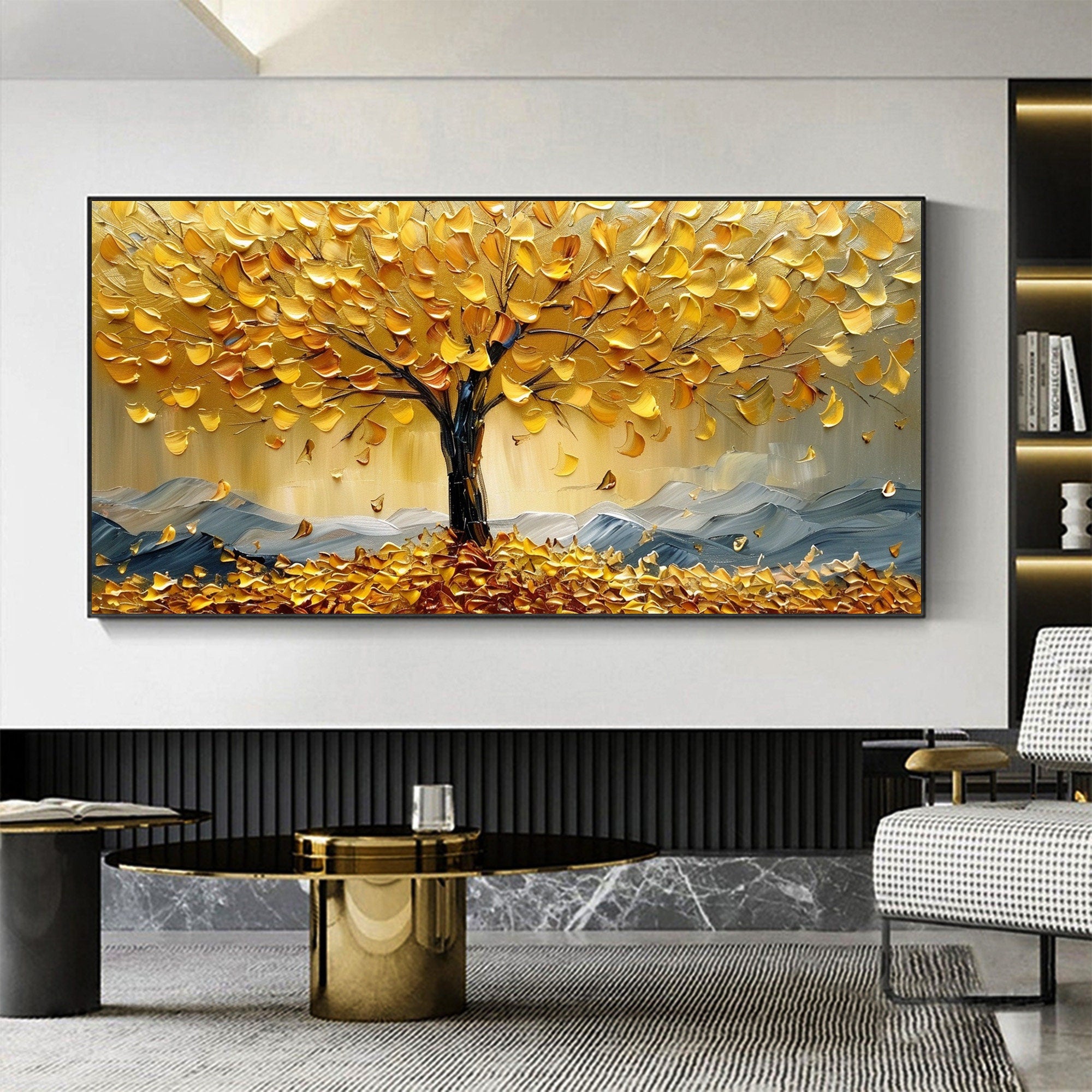 Large Textured Landscape Painting | Golden Autumn Tree Wall Art Decor