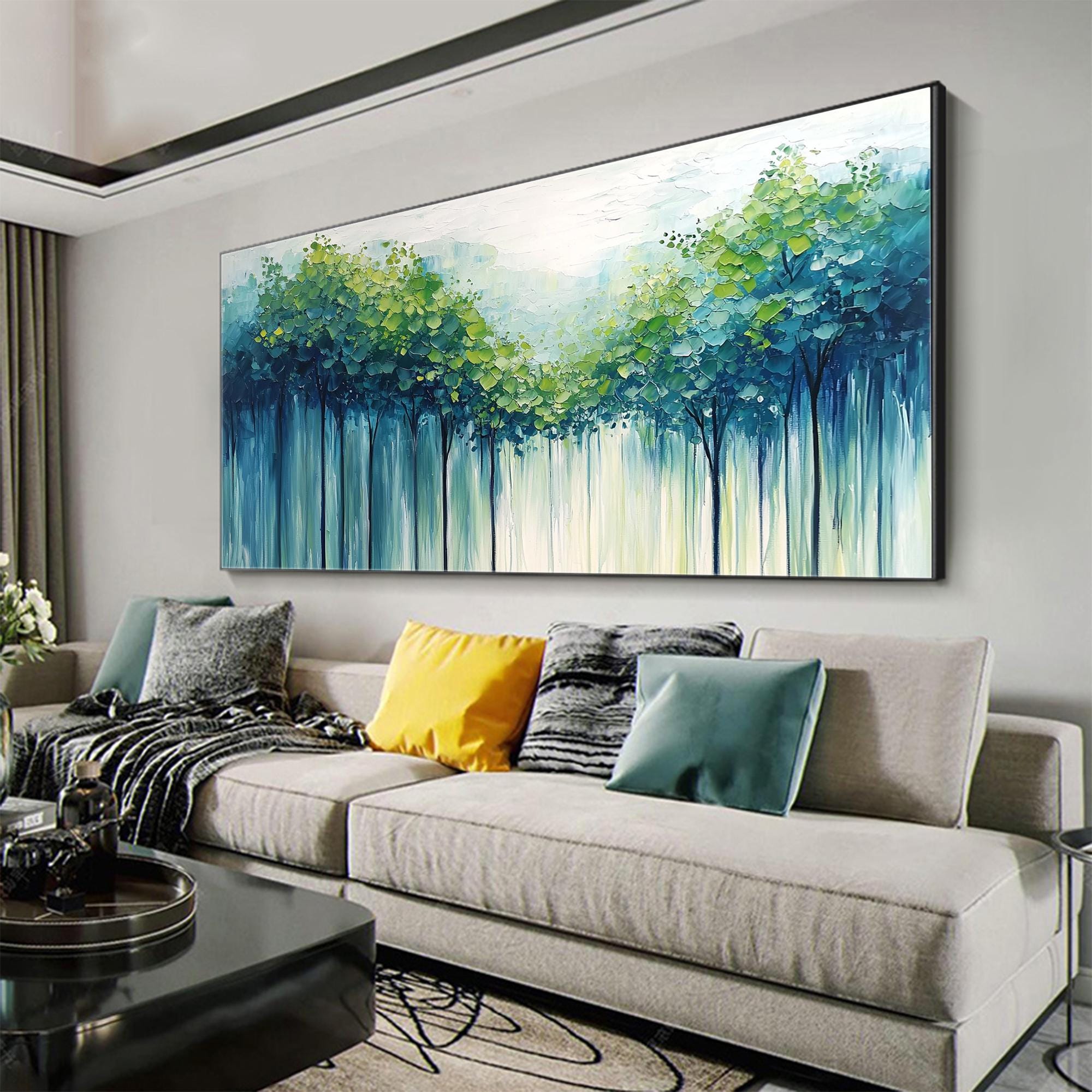 Large Textured Artwork | Horizontal Green Forest Canvas Painting Decor #ZZ 098