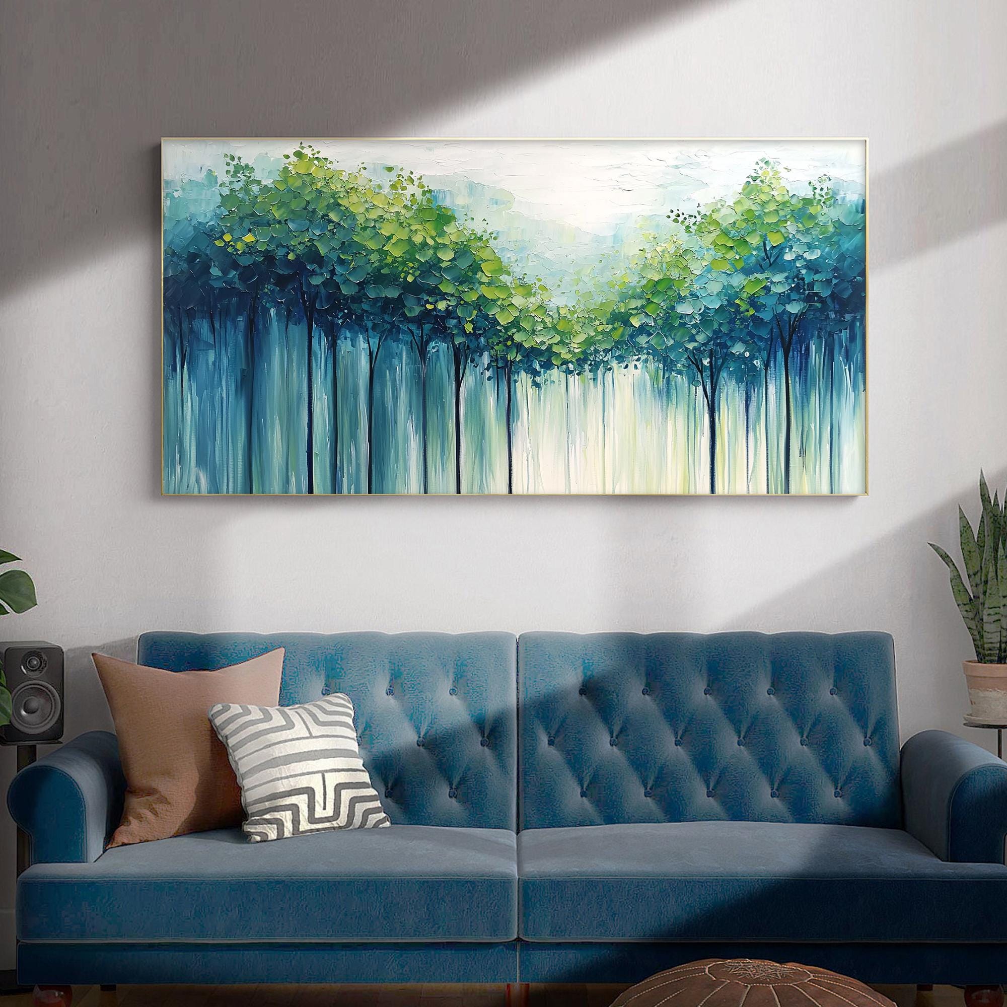 Large Textured Artwork | Horizontal Green Forest Canvas Painting Decor #ZZ 098