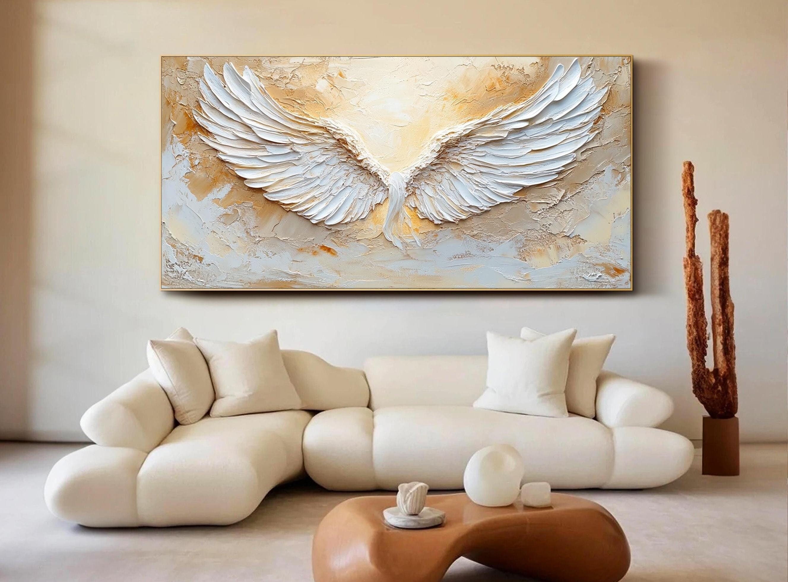 3D Textured Wall Art | Large White Angel Wings Canvas Painting Decor