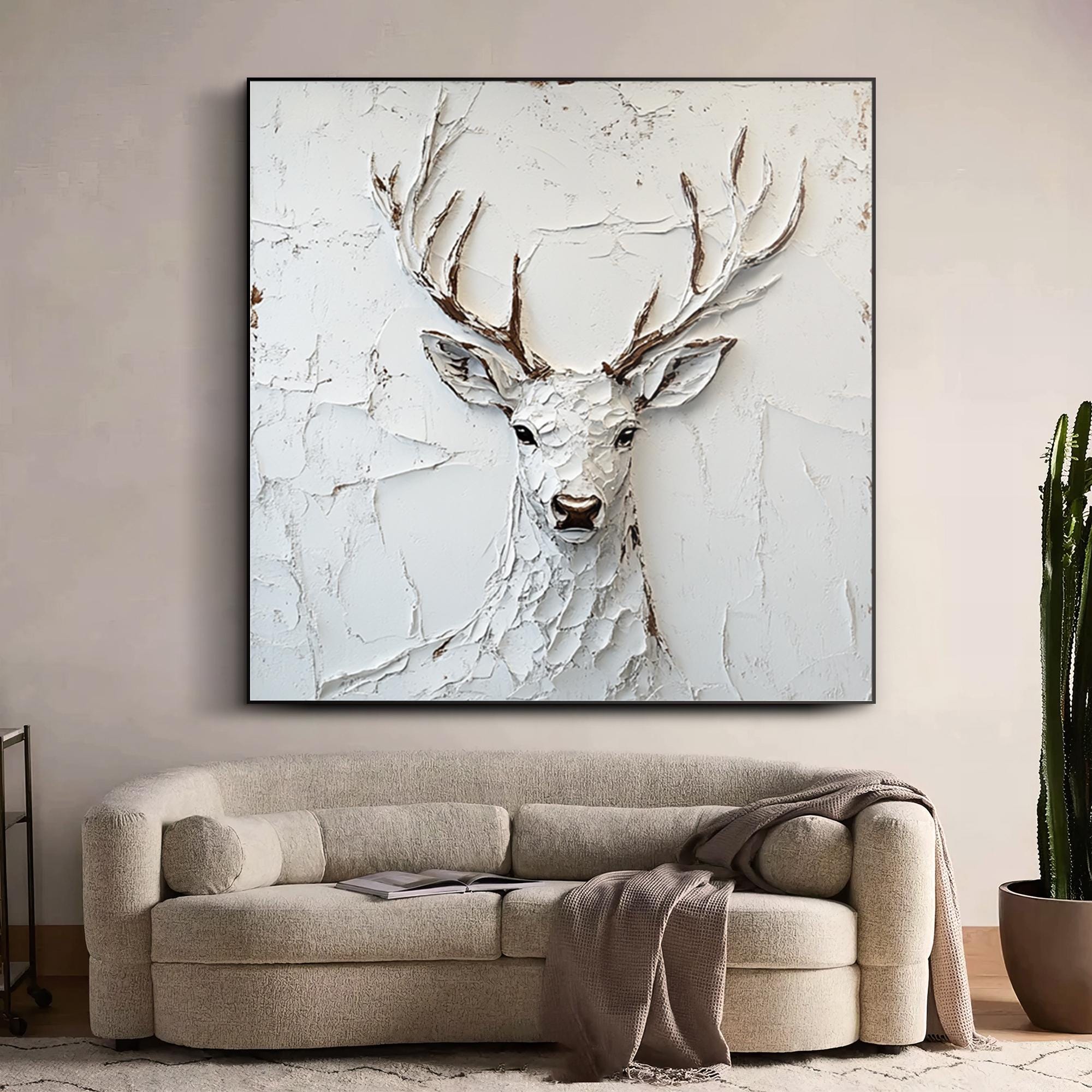Handmade Sculptural Stag Art | Large White Textured Wildlife