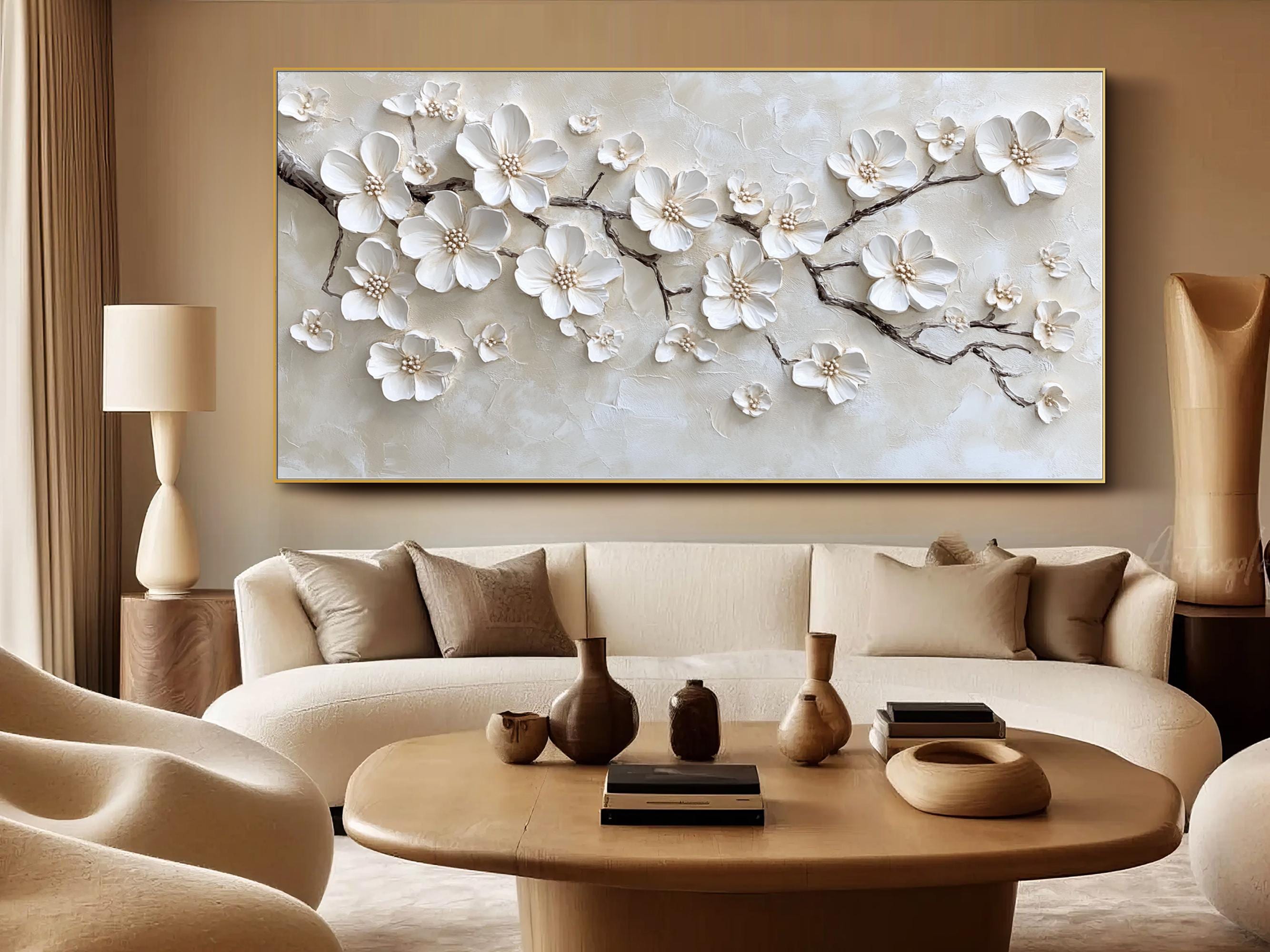 3D White Flower Plaster Art | Large Textured Blossom Painting