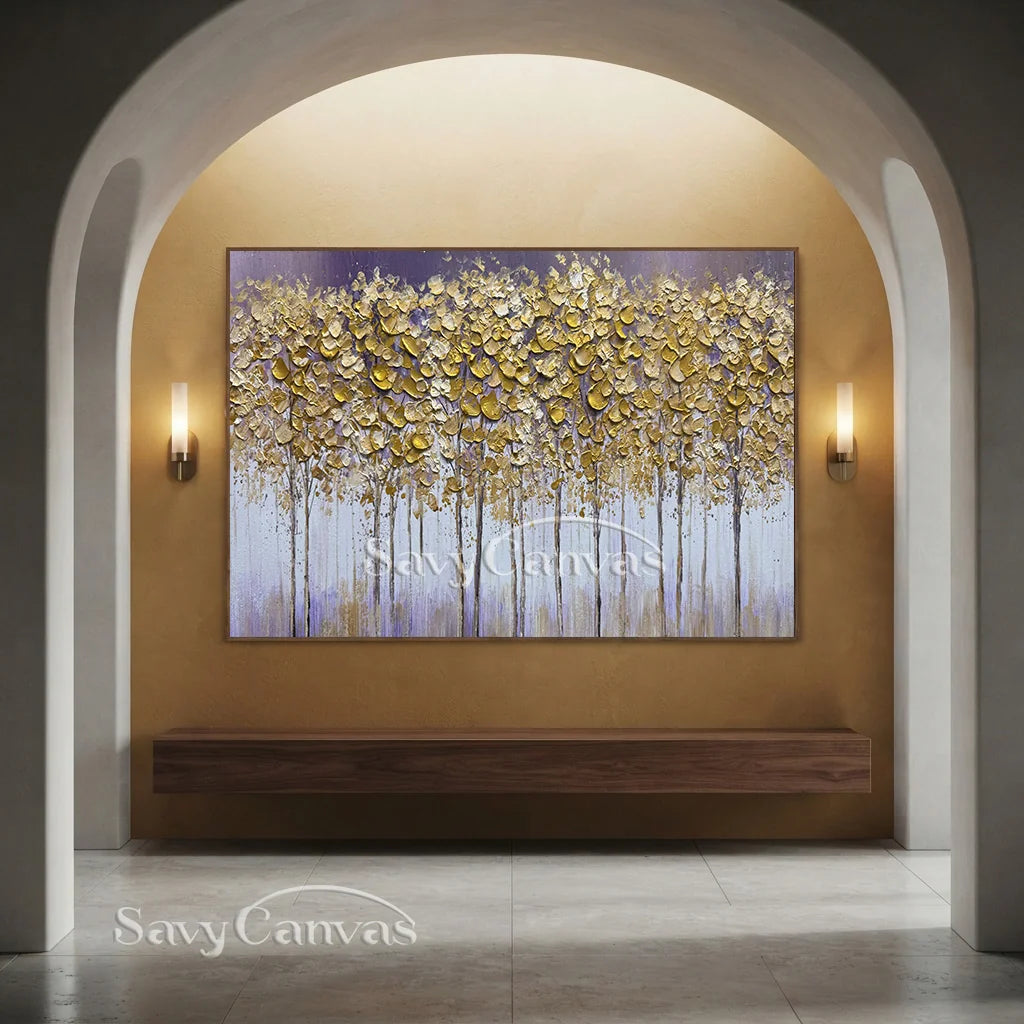 Textured Gold Tree Painting | Large Panoramic Abstract Forest Art #JJ 100