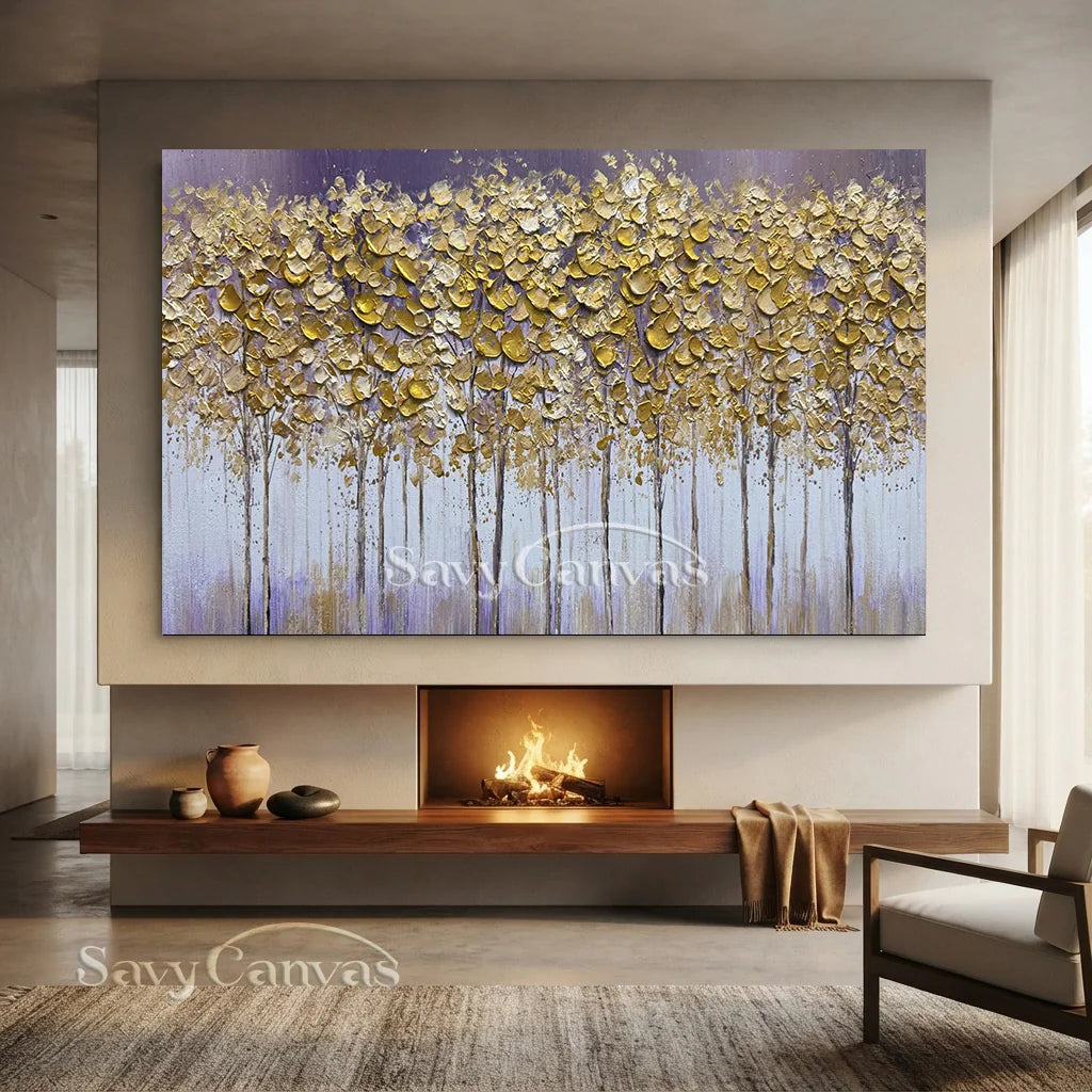 Textured Gold Tree Painting | Large Panoramic Abstract Forest Art #JJ 100