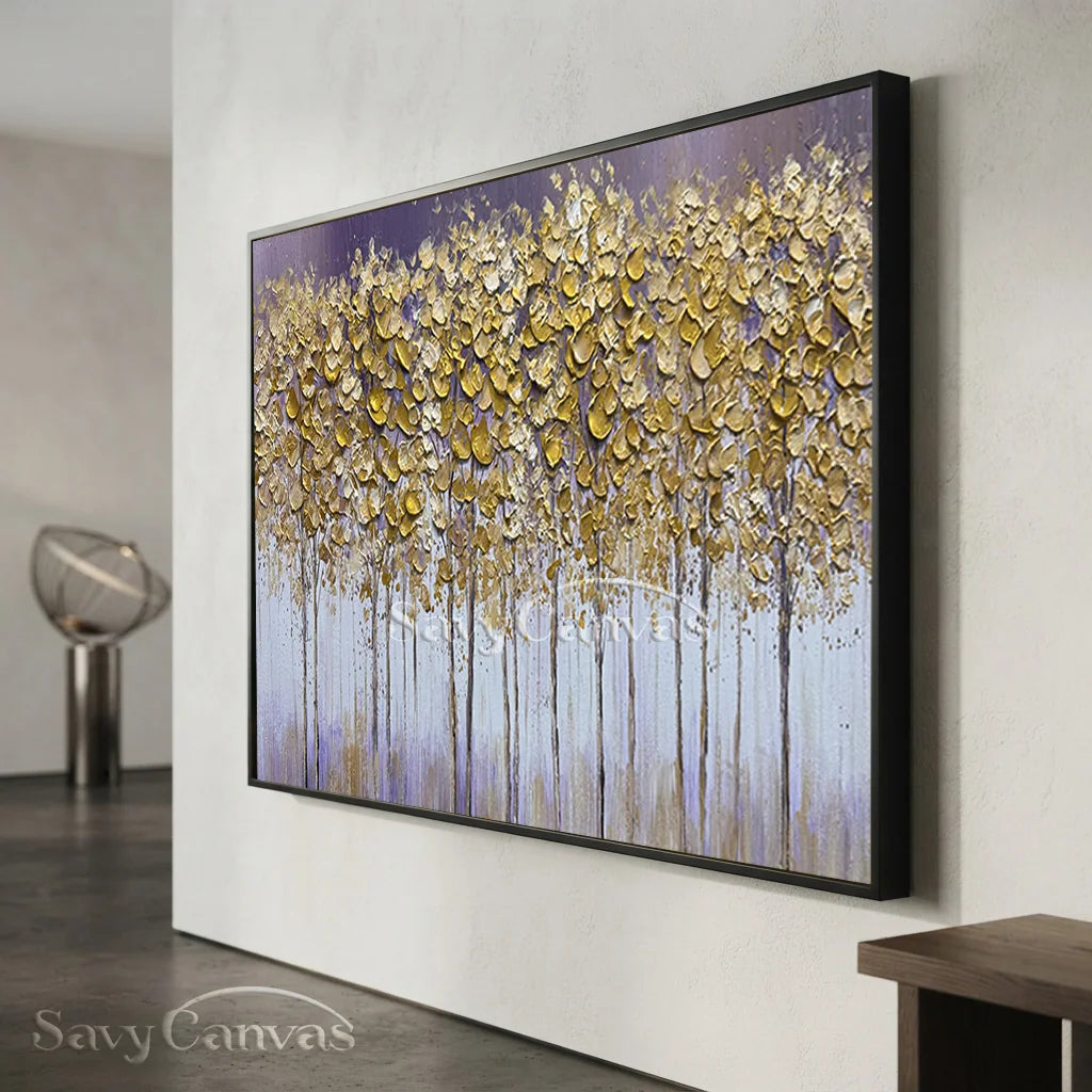 Textured Gold Tree Painting | Large Panoramic Abstract Forest Art #JJ 100