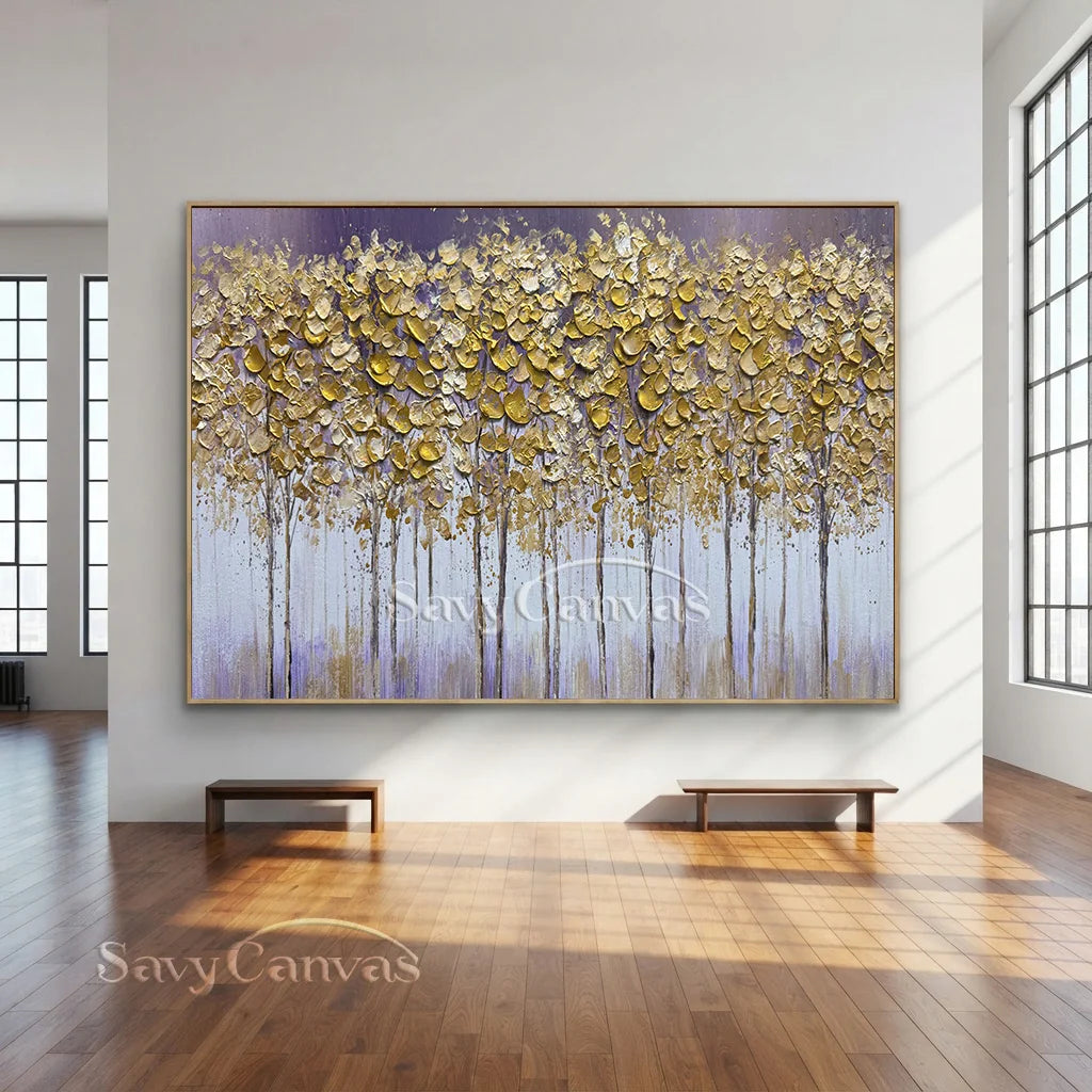 Textured Gold Tree Painting | Large Panoramic Abstract Forest Art #JJ 100