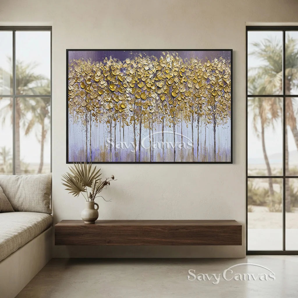 Textured Gold Tree Painting | Large Panoramic Abstract Forest Art #JJ 100
