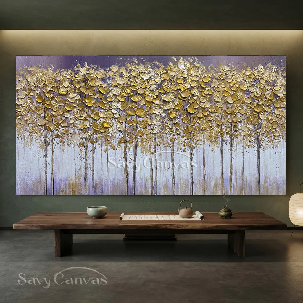 Textured Gold Tree Painting | Large Panoramic Abstract Forest Art #JJ 100