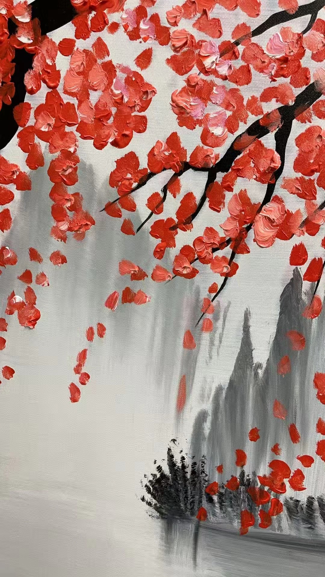 Oriental Style Floral Oil Painting | Red Plum Blossom Canvas Landscape  #JJ 300