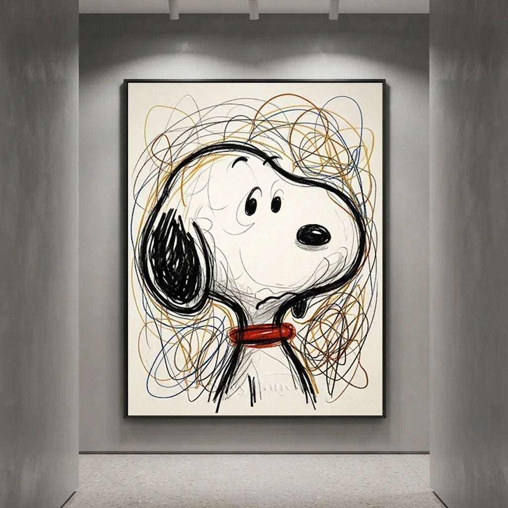Hand-painted Modernism style Snoopy oil painting with abstract line work and a red collar in a black frame for modern living room decor.