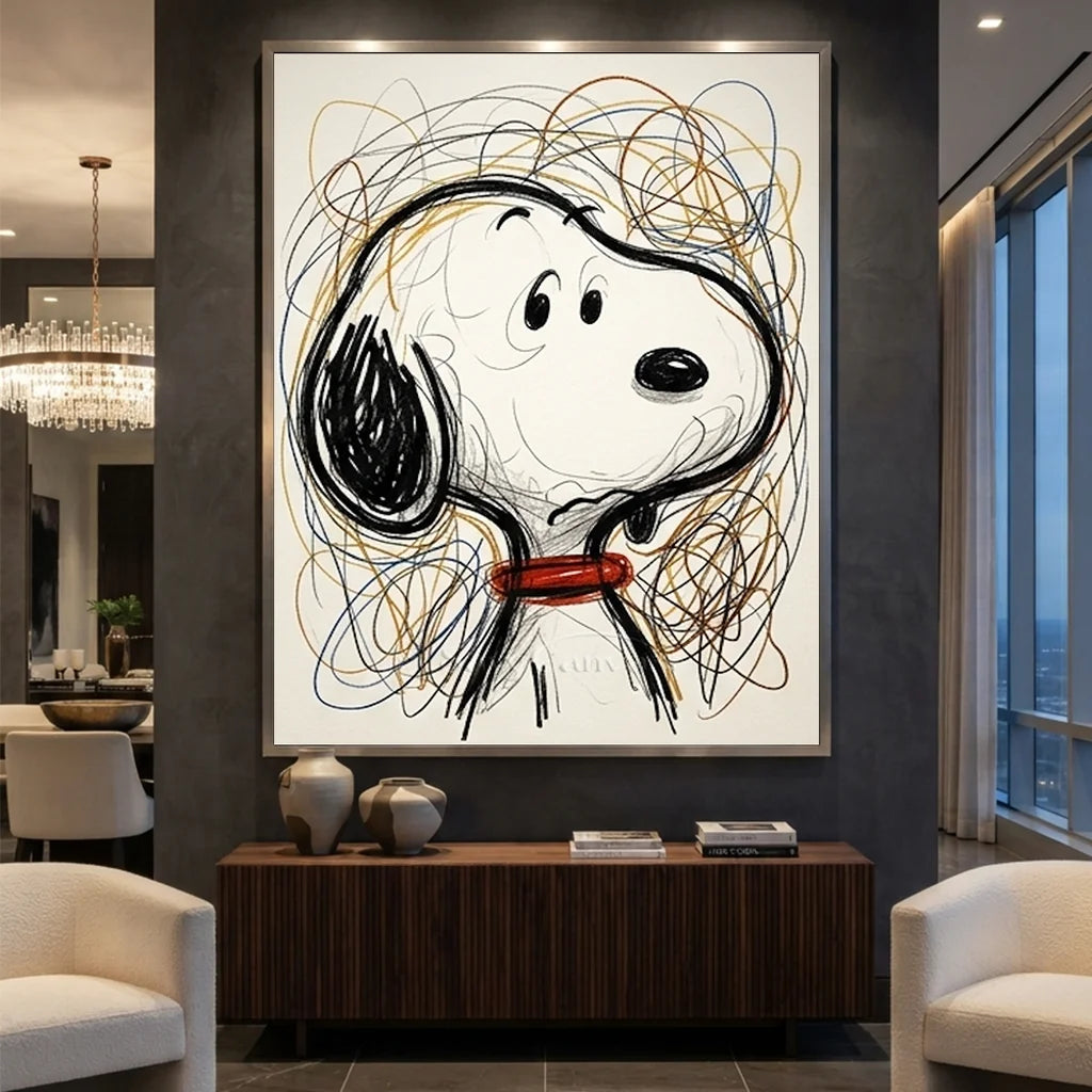 Snoopy Oil Painting, Abstract Line Cartoon Wall Art #SS 377