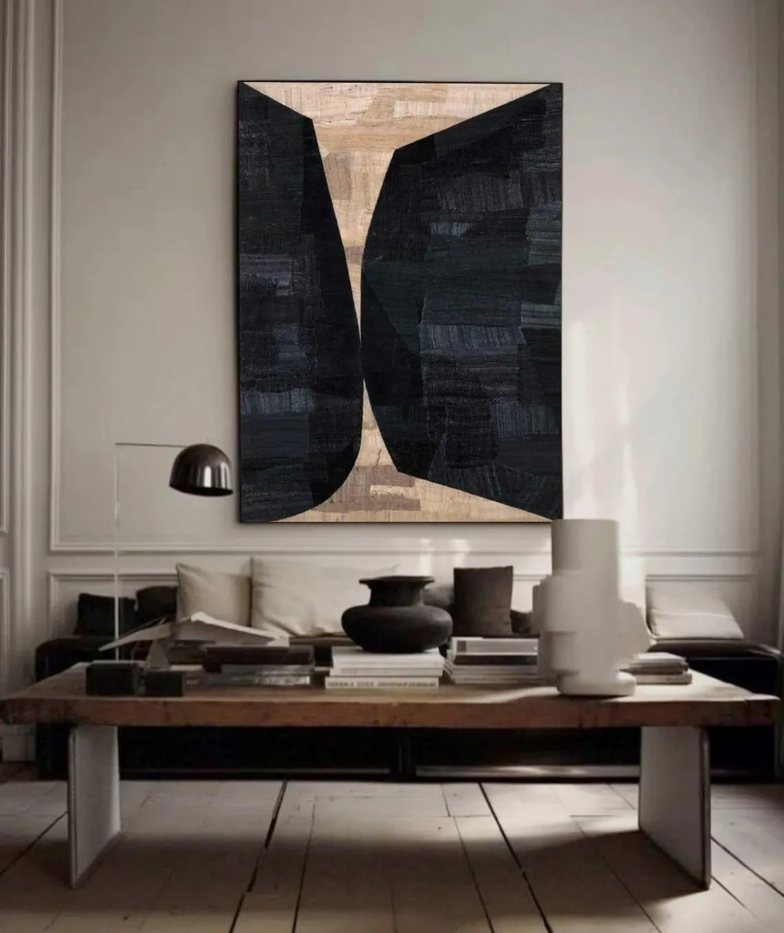 Large Vertical Modern Geometric Art - Black & Beige Contrast  #TC 049