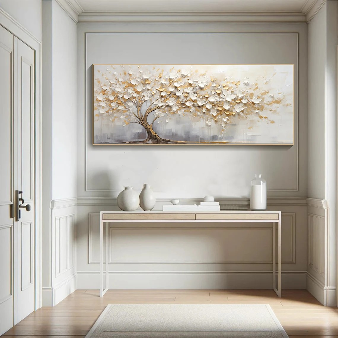 3D Blossom Tree Painting, Handmade White Gold Canvas Artwork  #TC 069