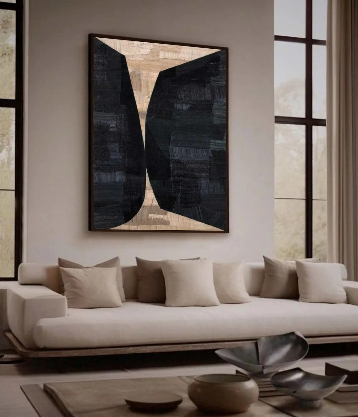 Large Vertical Modern Geometric Art - Black & Beige Contrast  #TC 049