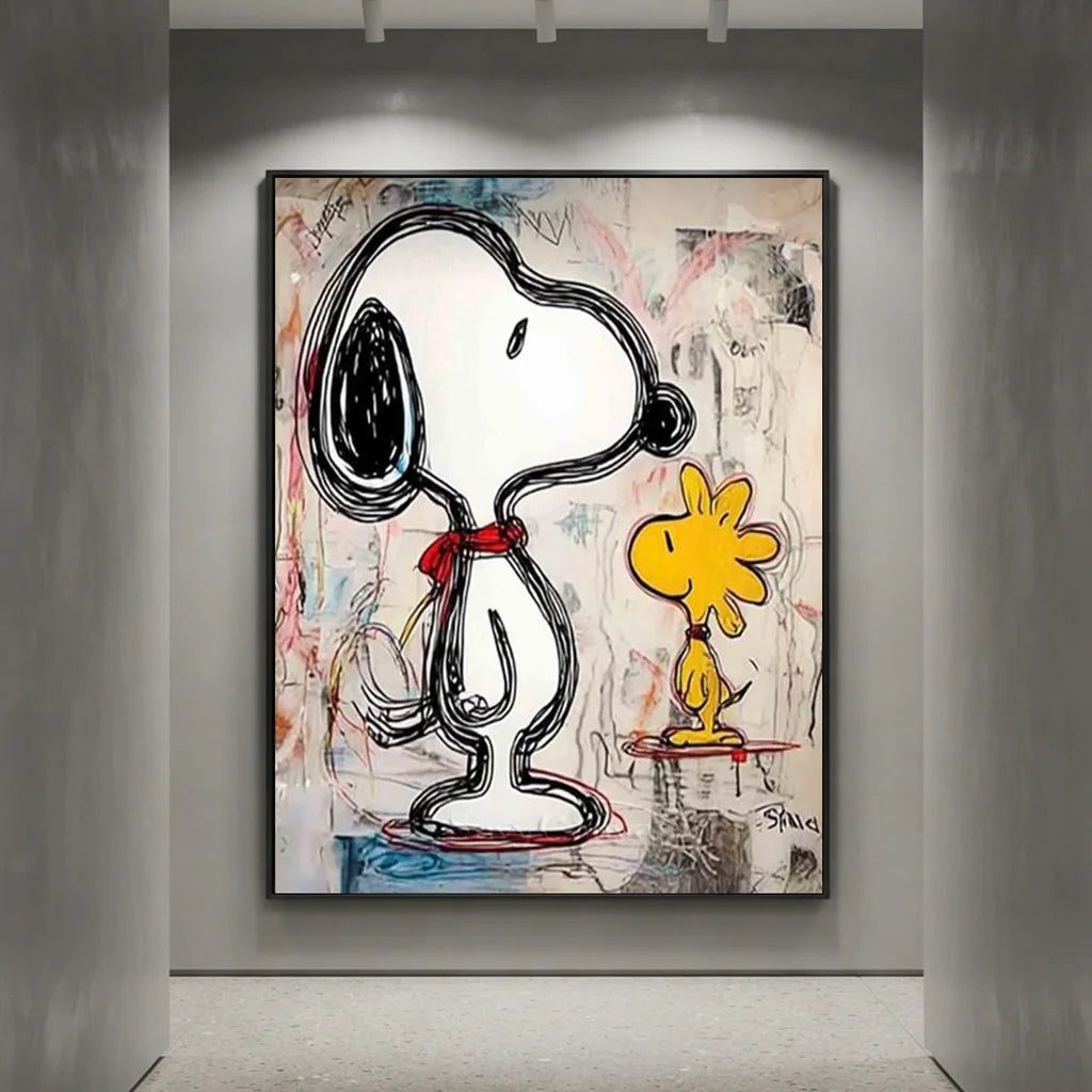 Line Art Snoopy Oil Painting, Abstract Cartoon Canvas #SS 379