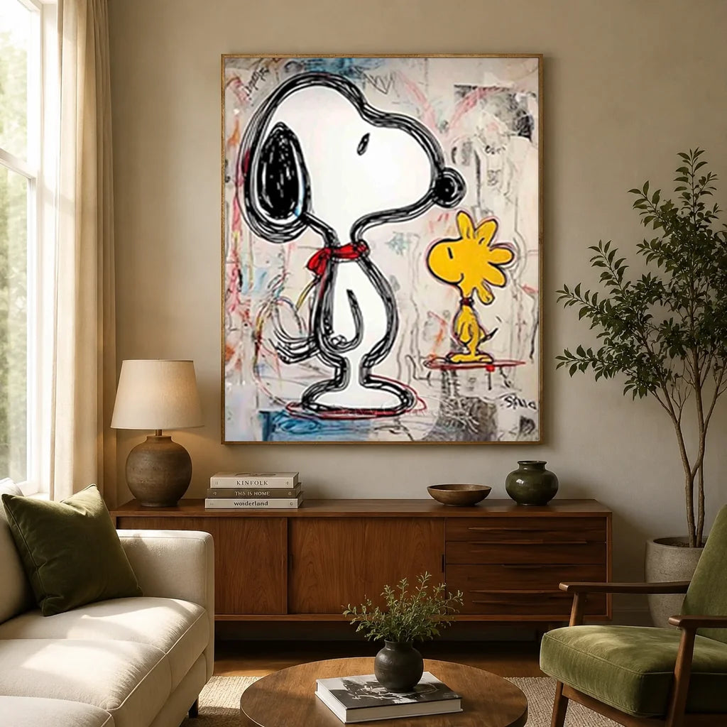 Line Art Snoopy Oil Painting, Abstract Cartoon Canvas #SS 379